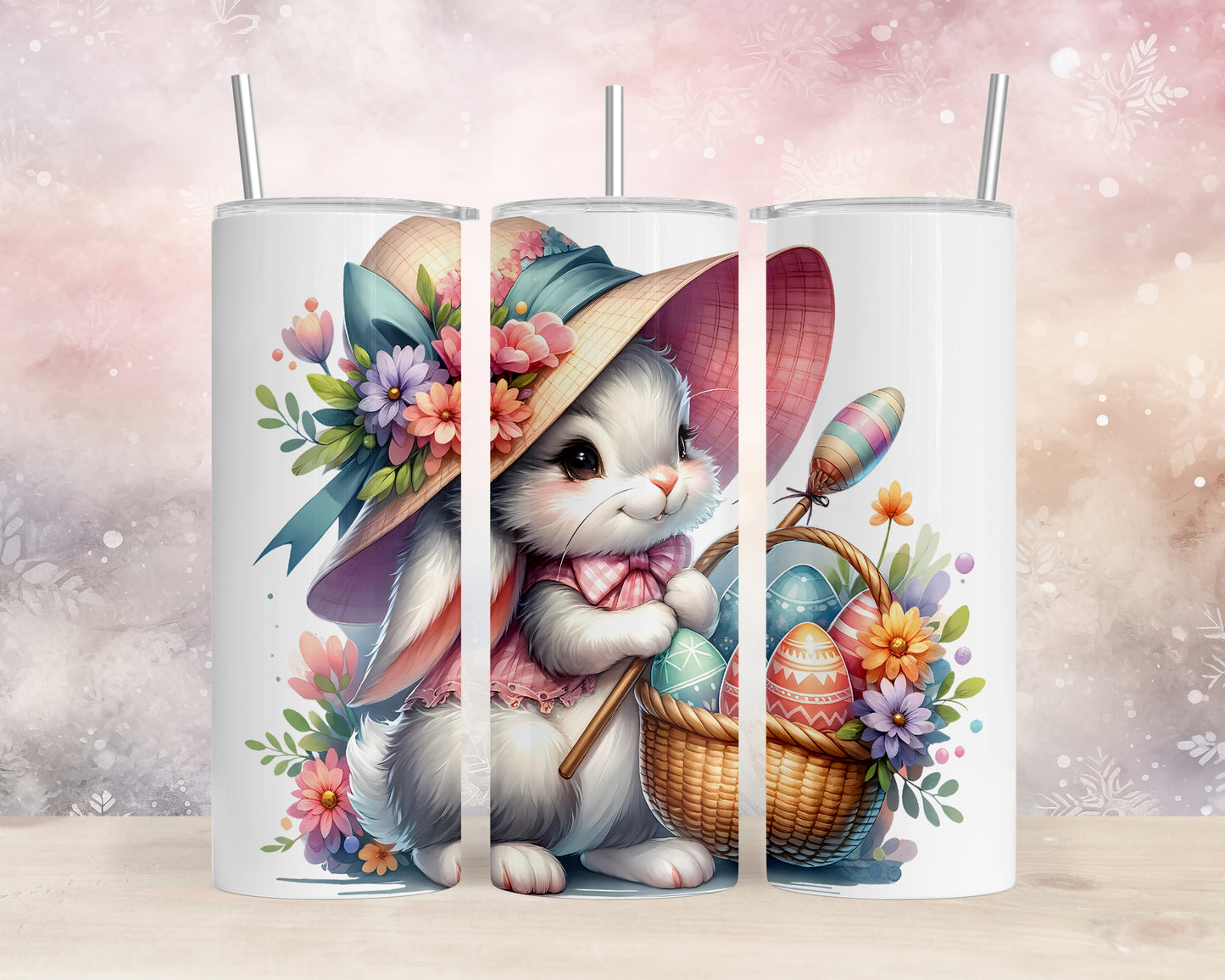 Skinny Tumbler with Straw, 20oz, Easter, Rabbit with Eggs, awd-1339