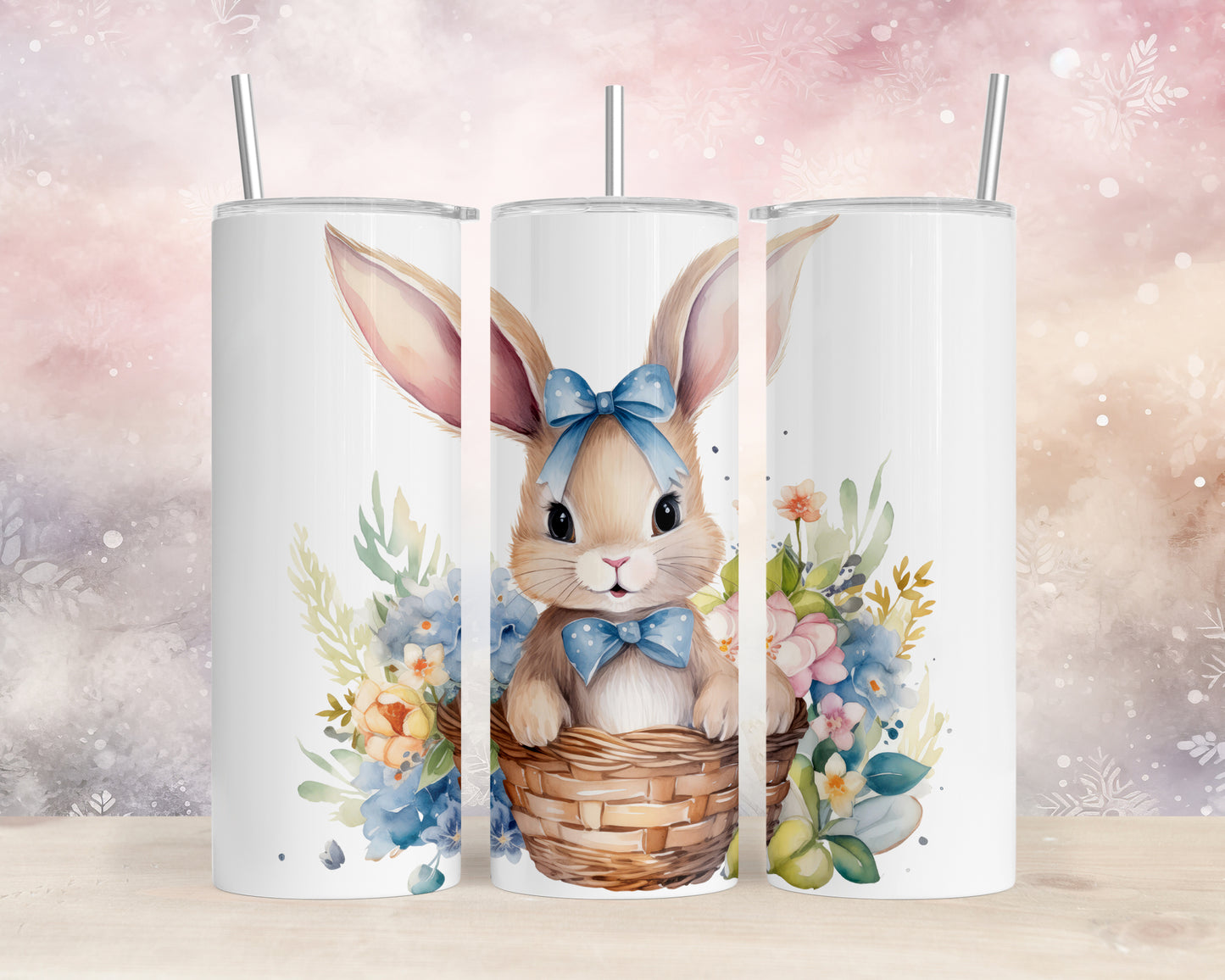 Skinny Tumbler with Straw, 20oz, Easter, Rabbit with Eggs, awd-1340