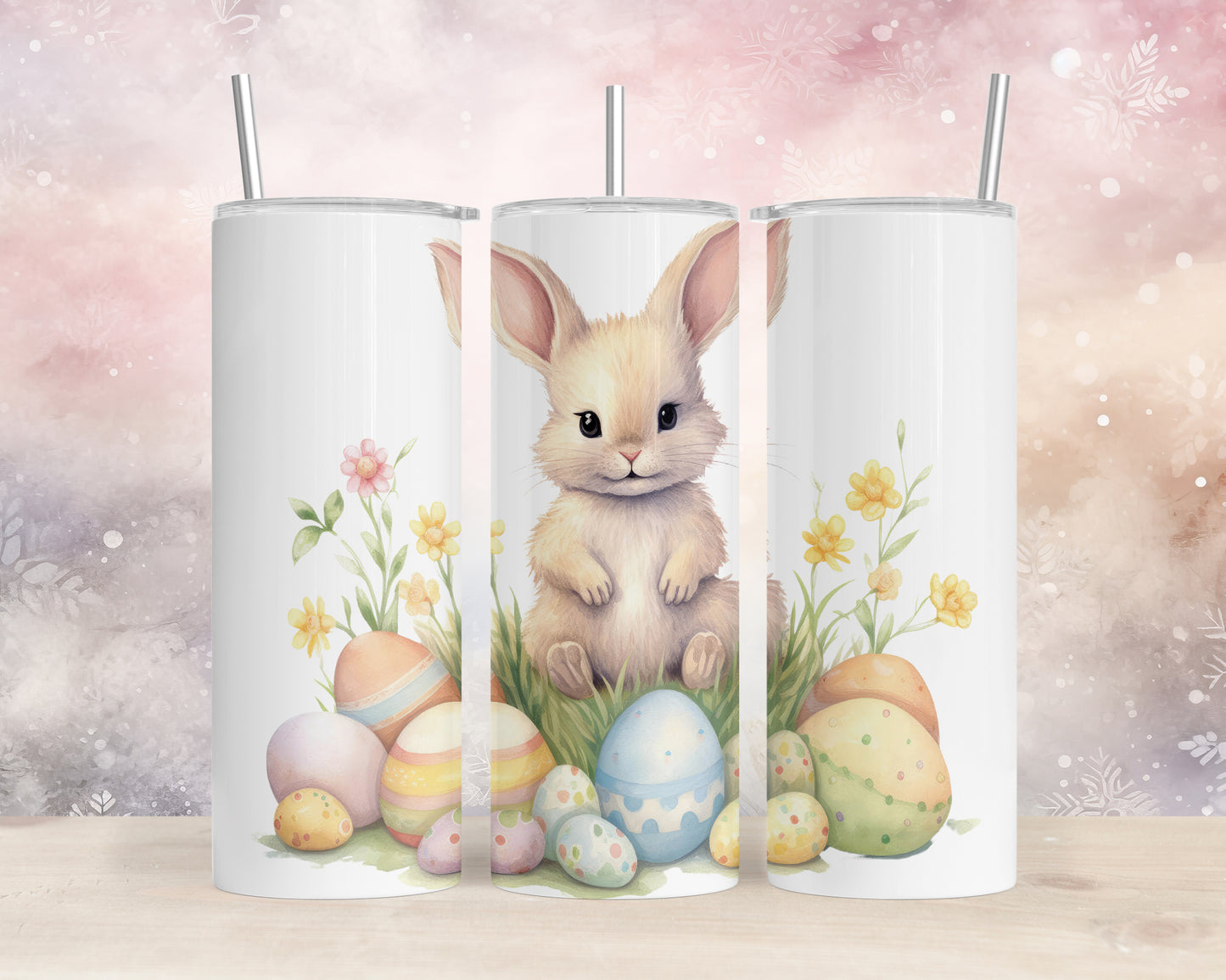 Skinny Tumbler with Straw, 20oz, Easter, Rabbit with Eggs, awd-1342