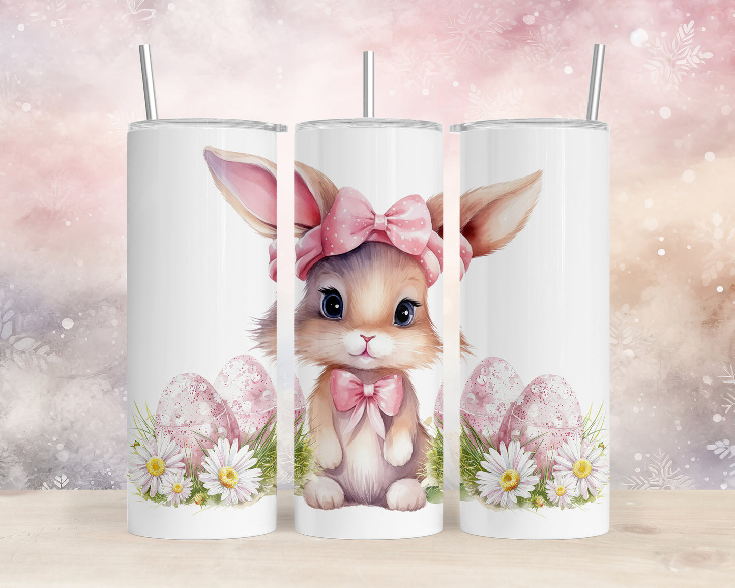 Skinny Tumbler with Straw, 20oz, Easter, Rabbit with Eggs, awd-1343