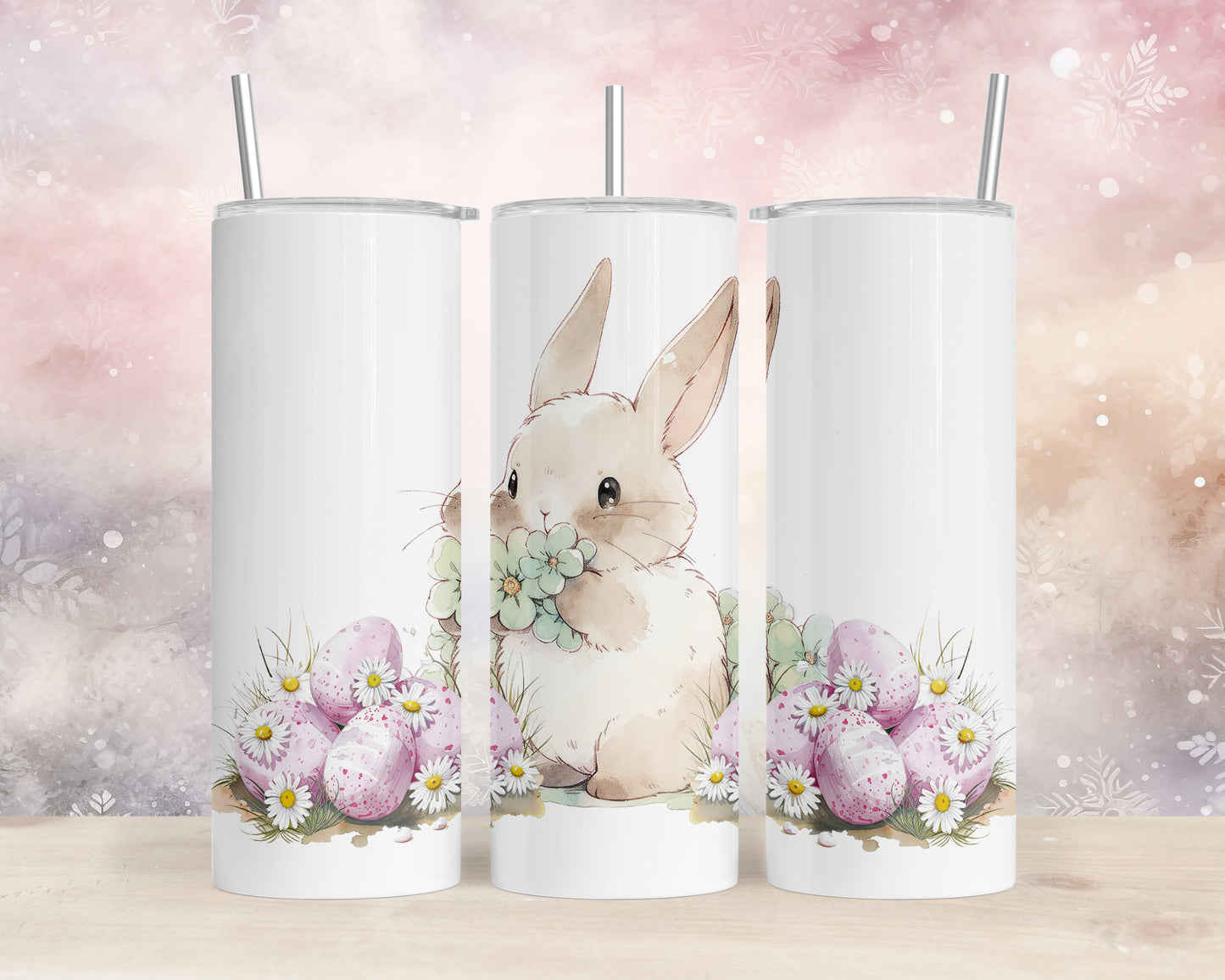 Skinny Tumbler with Straw, 20oz, Easter, Rabbit with Eggs, awd-1344