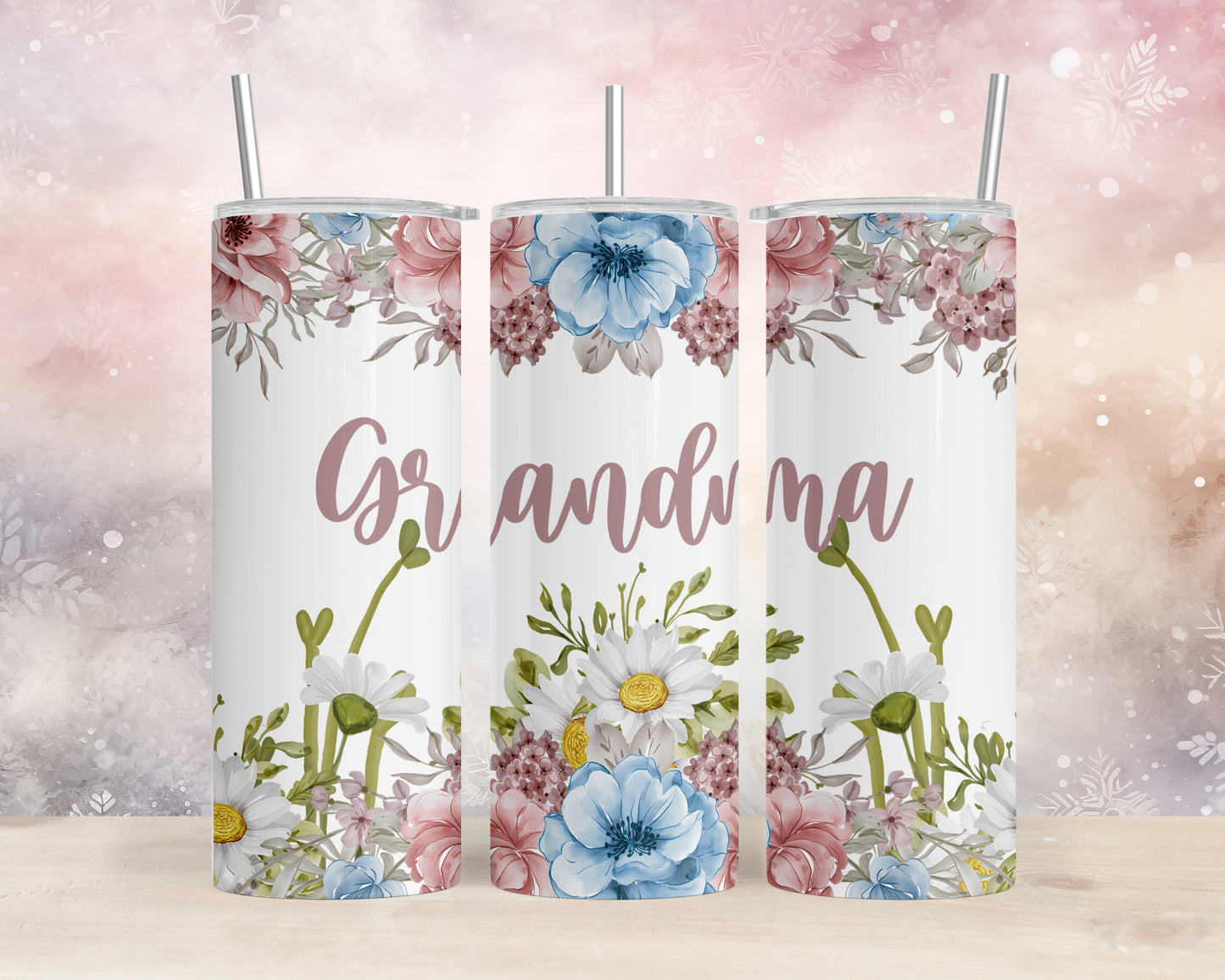 Skinny Tumbler with Straw, 20oz, Floral, Grandma