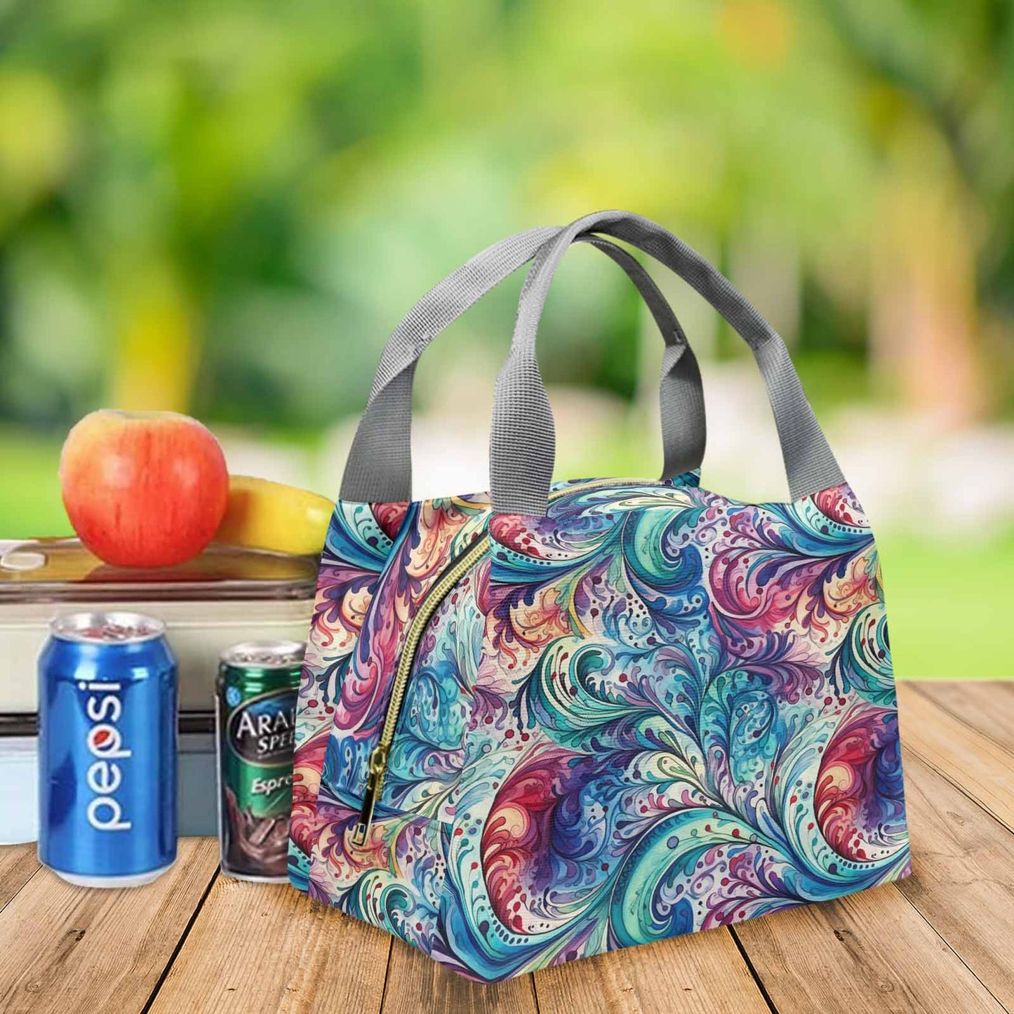 Rainbow Paisley Portable Lunch Bag-Grey Handle