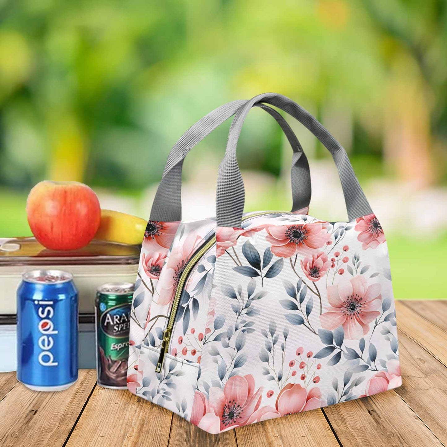 Apricot and Grey Floral Portable Lunch Bag-Grey Handle