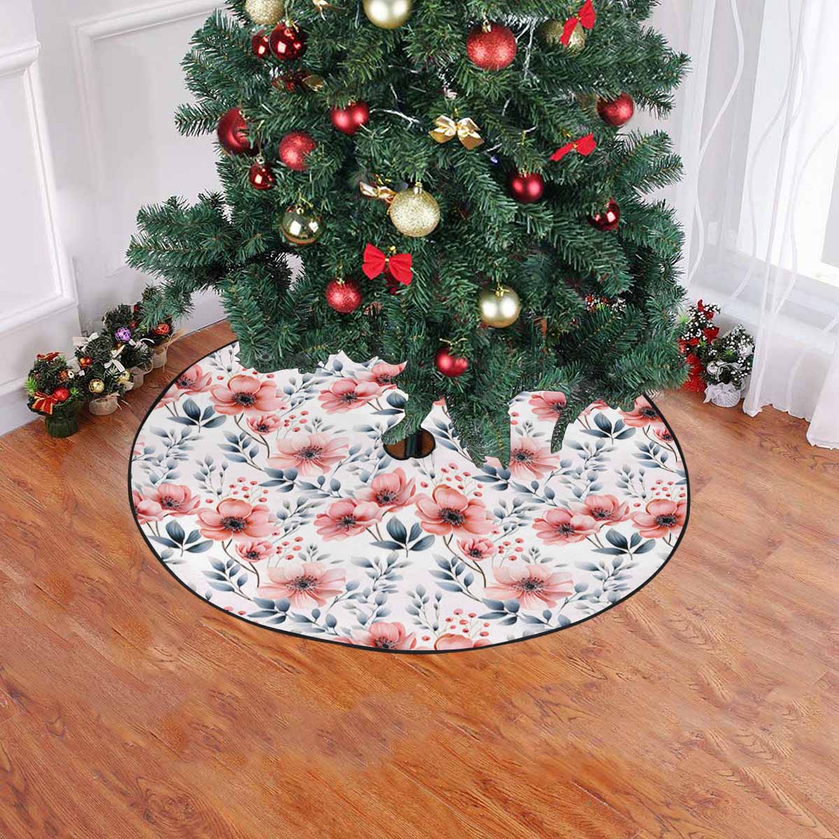 Apricot and Grey Floral Christmas Tree Skirt