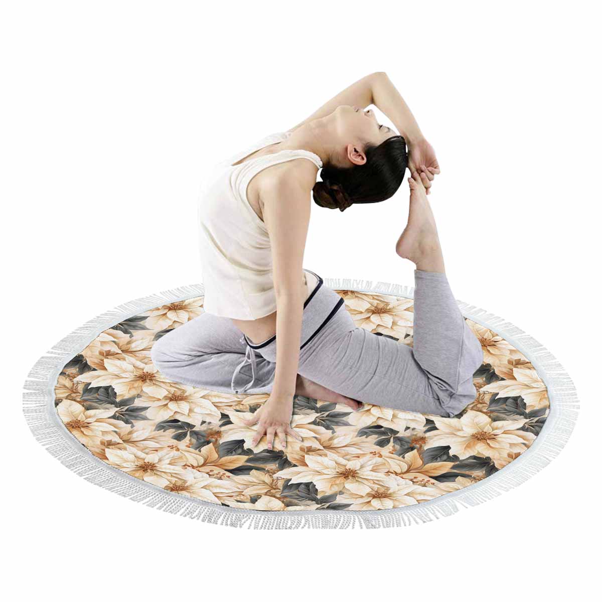 Cream Poinsettia2 Circular Beach Towel Shawl 59"