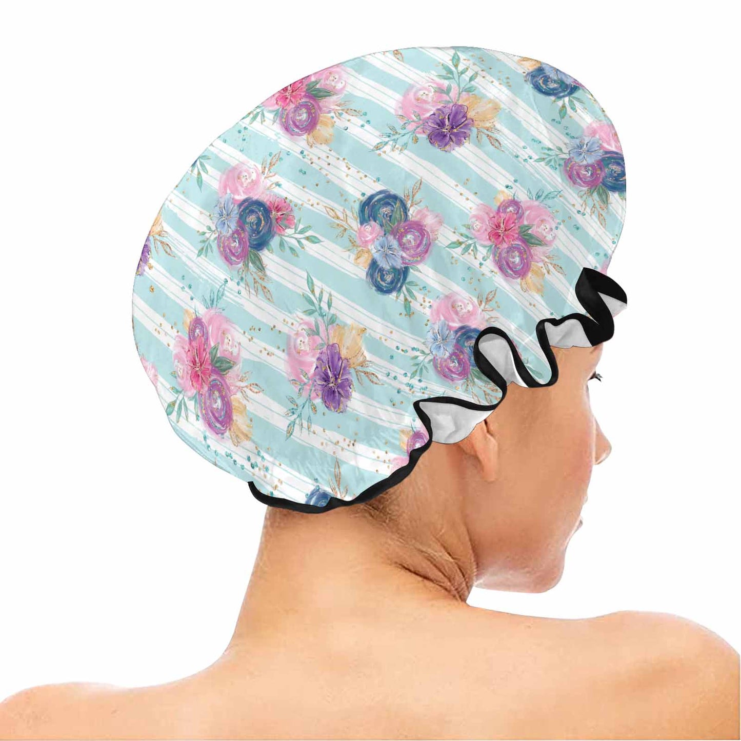 Purple and Pink floral Blue Stripes Shower Cap