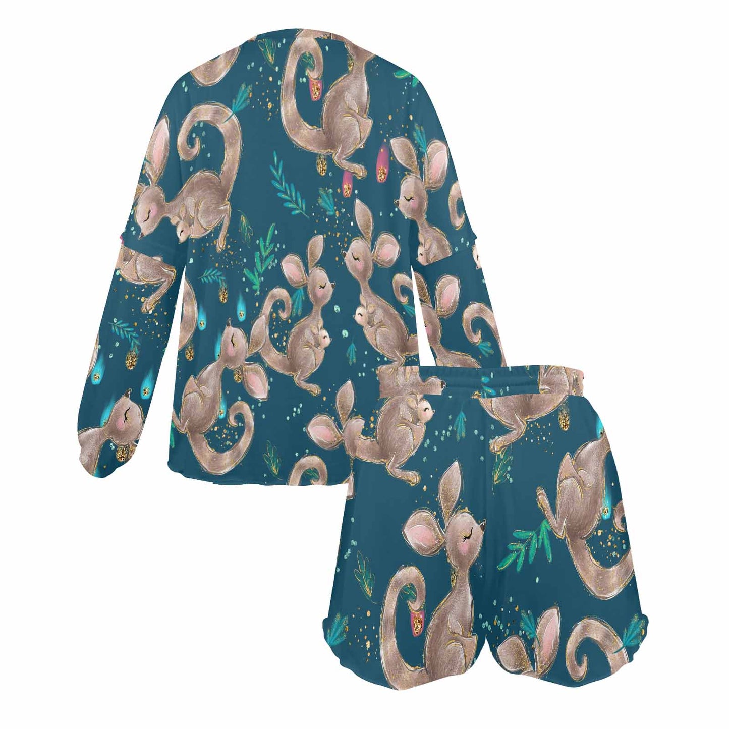 Australian Kangaroos Blue Women's Long Sleeve Pajama Set with Shorts