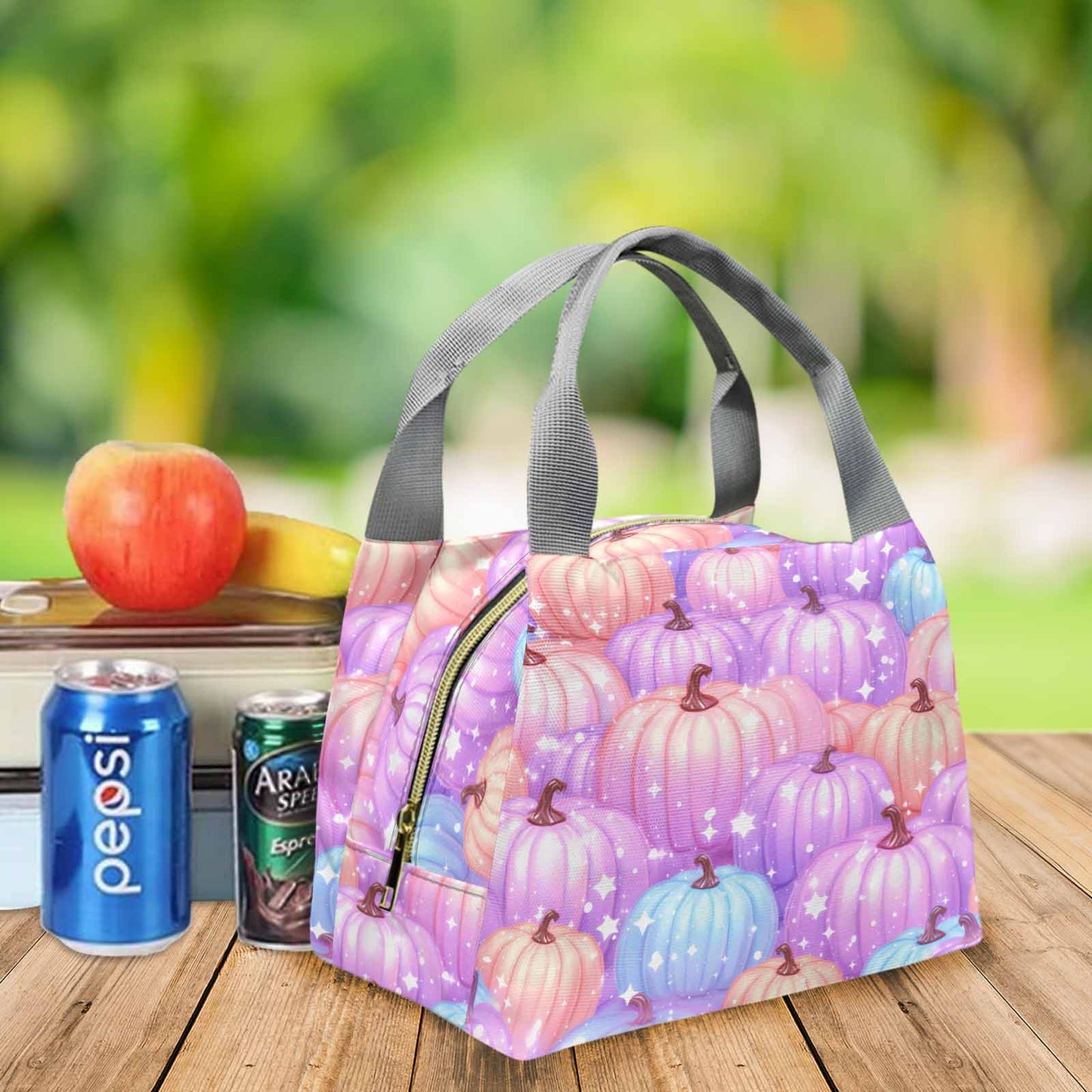 Pastel Pumpkin Portable Lunch Bag-Grey Handle