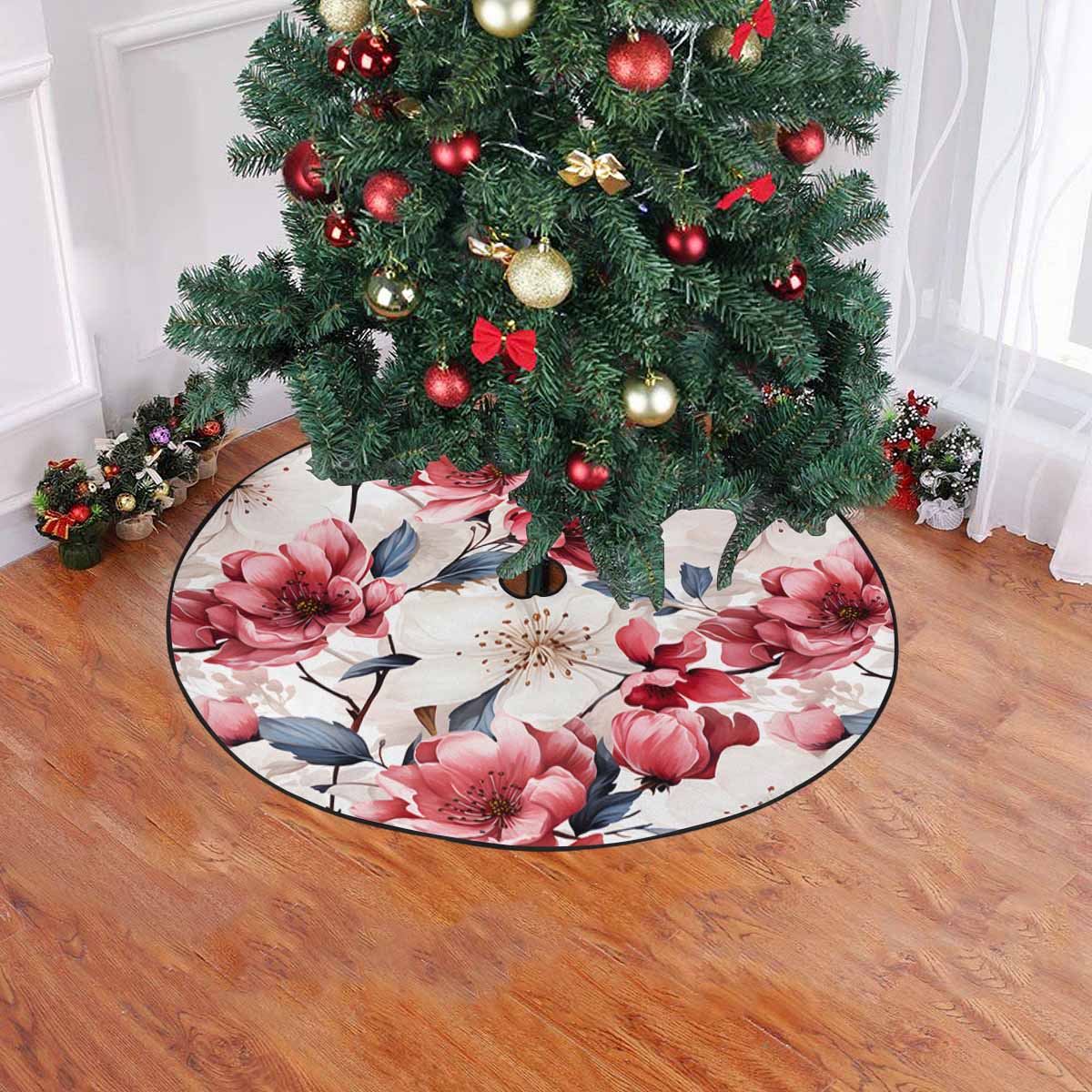 Pink Floral Christmas Tree Skirt