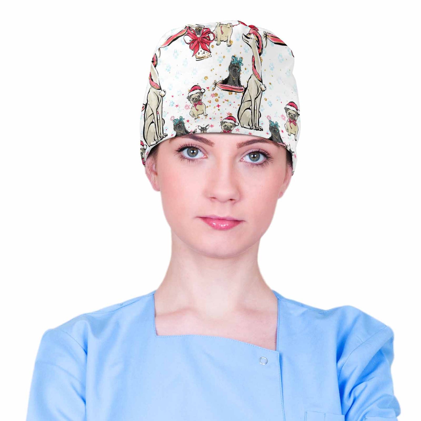 Nurse Scrub Cap Doggie Christmas White Scrub Cap