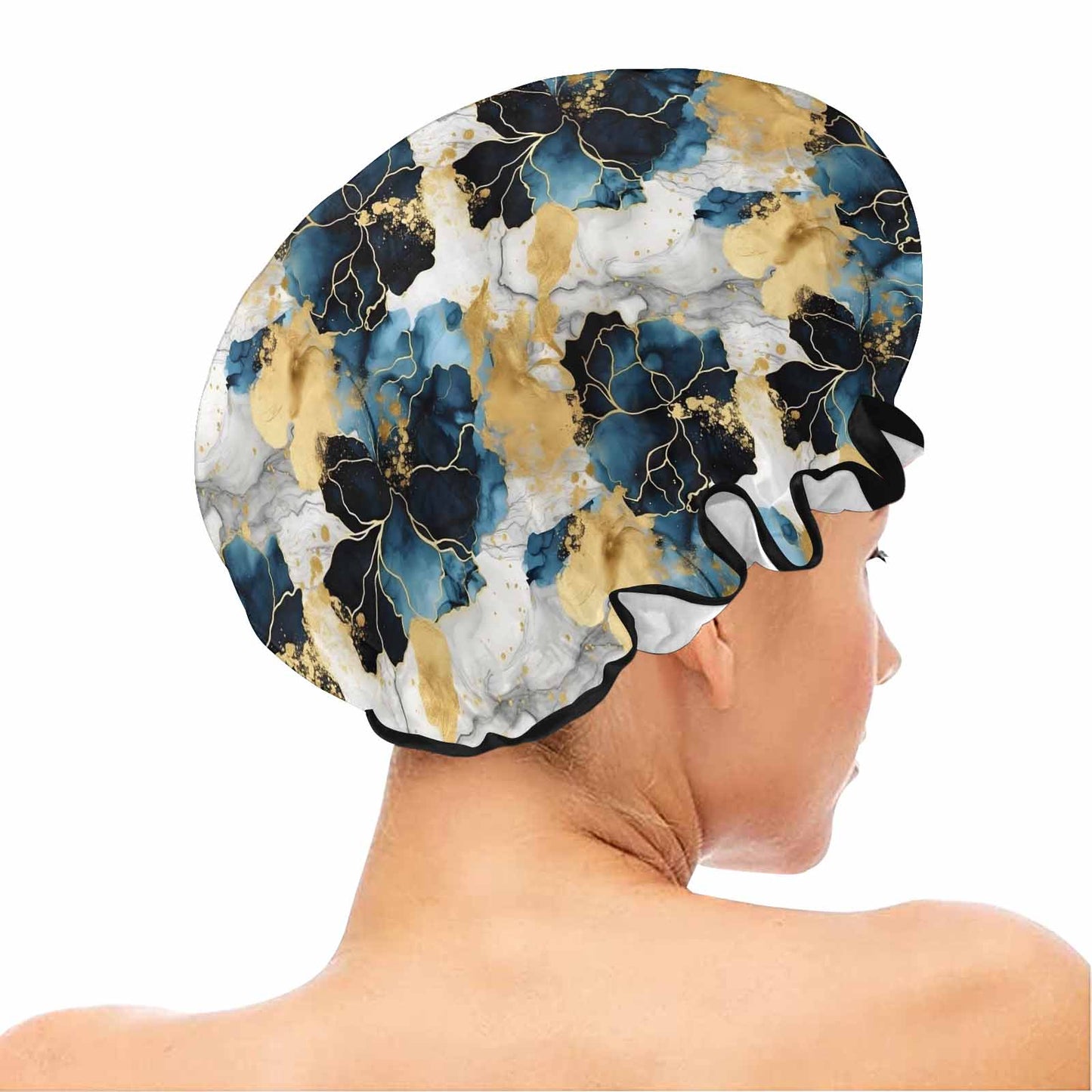 Blue Ink Floral Shower Cap