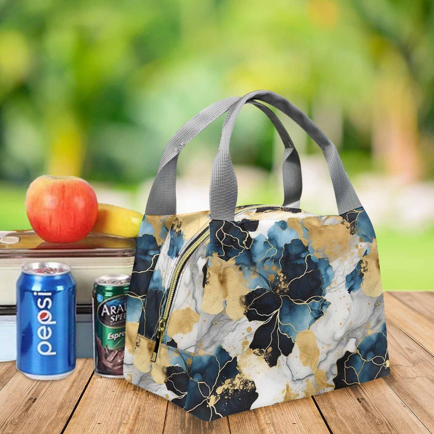 Blue Ink Floral Portable Lunch Bag-Grey Handle