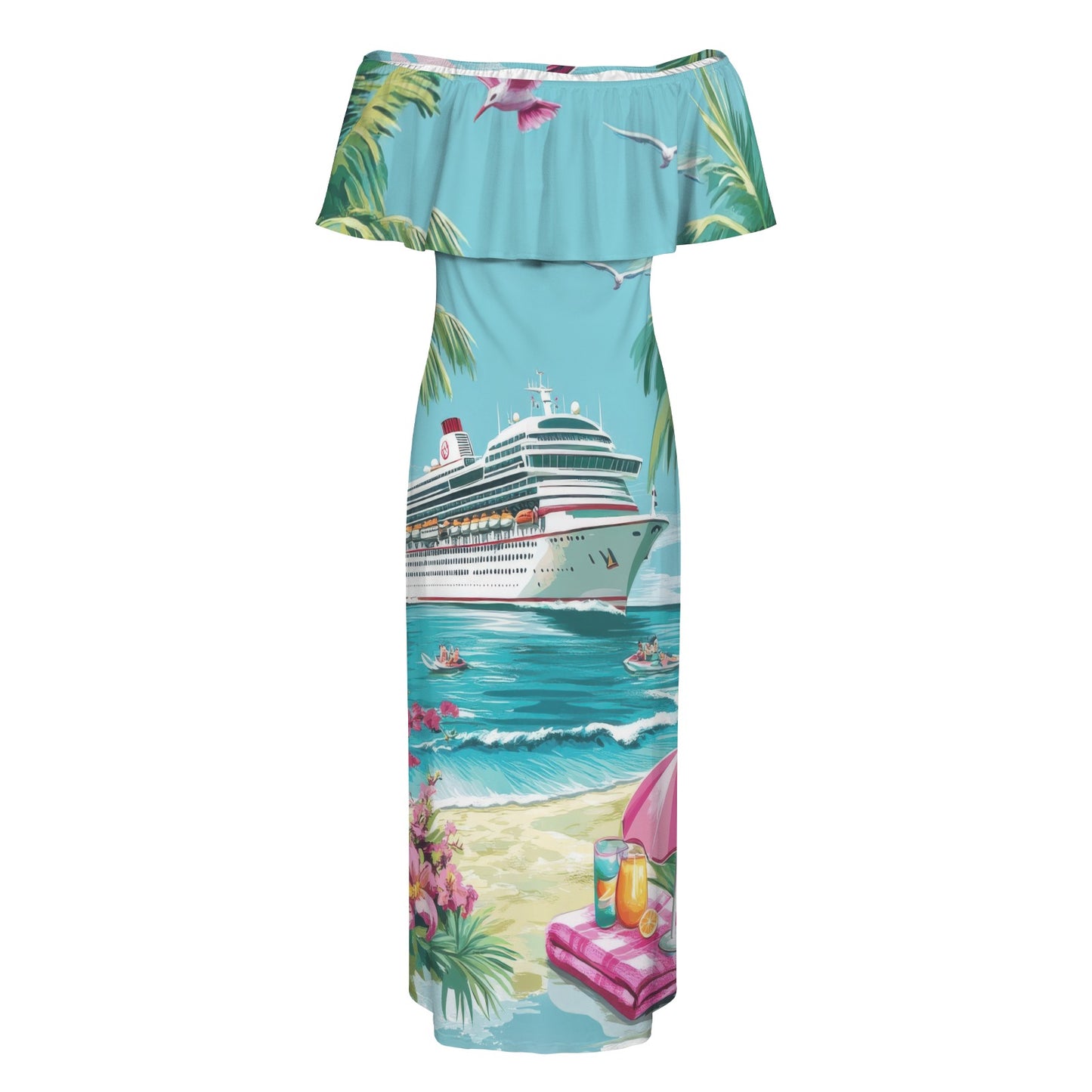 rock the boat Women's Off Shoulder Ruffle Boat Neck Dress (Model D71)