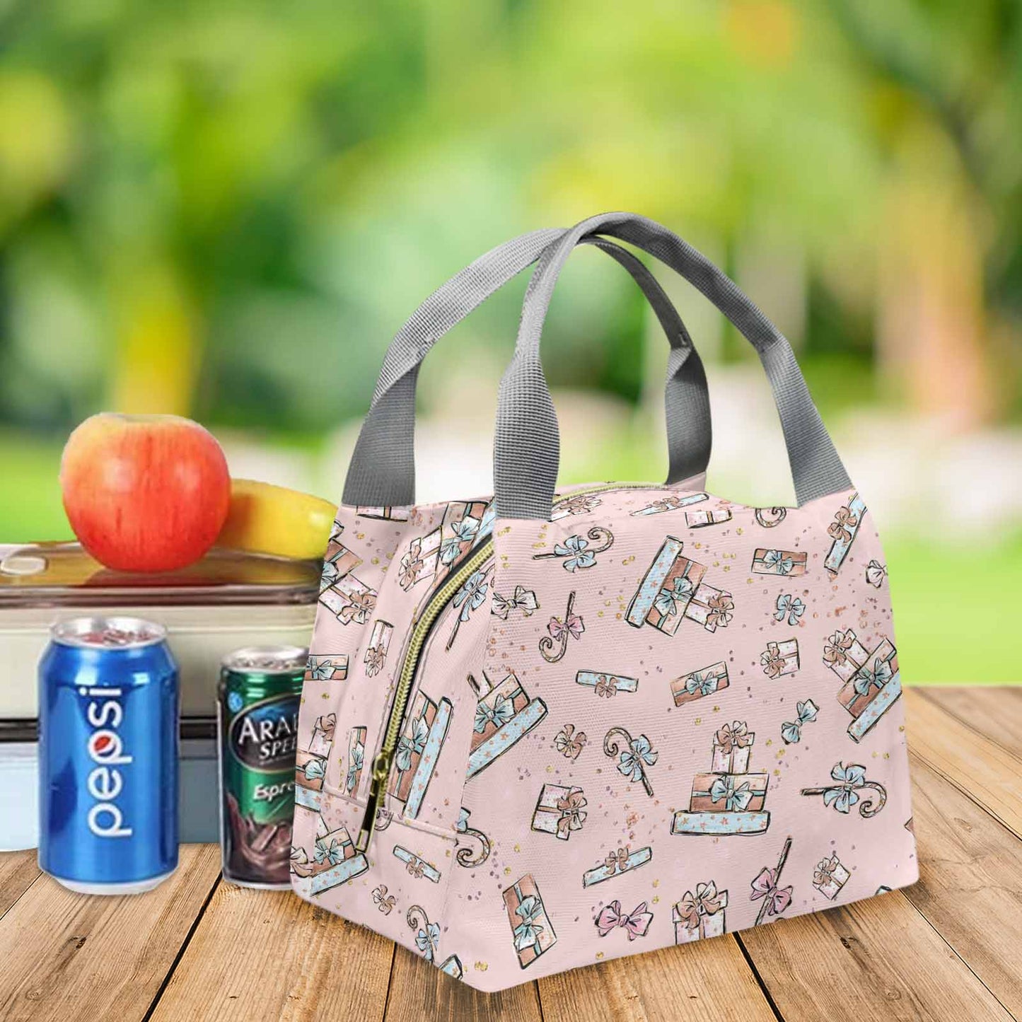 Pink Christmas Portable Lunch Bag-Grey Handle