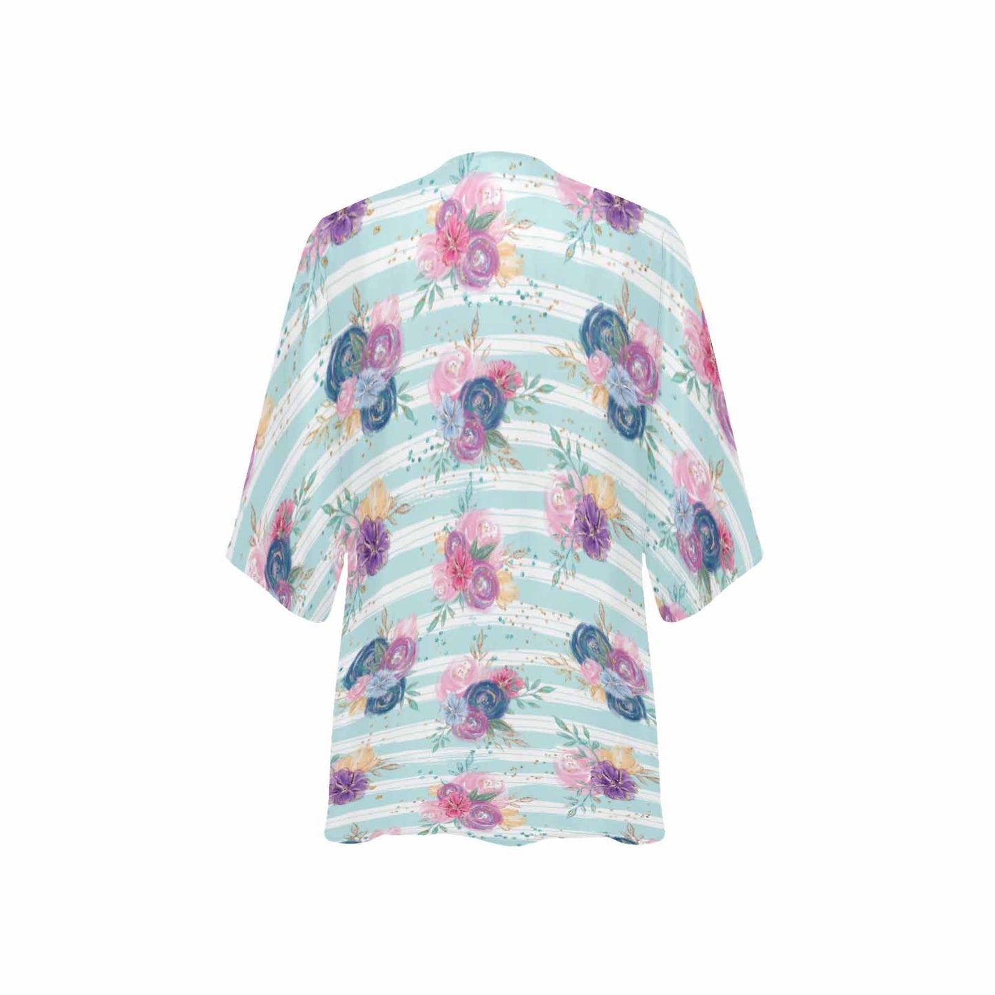 Purple and Pink floral Blue Stripes Women's Kimono Chiffon Cover Up