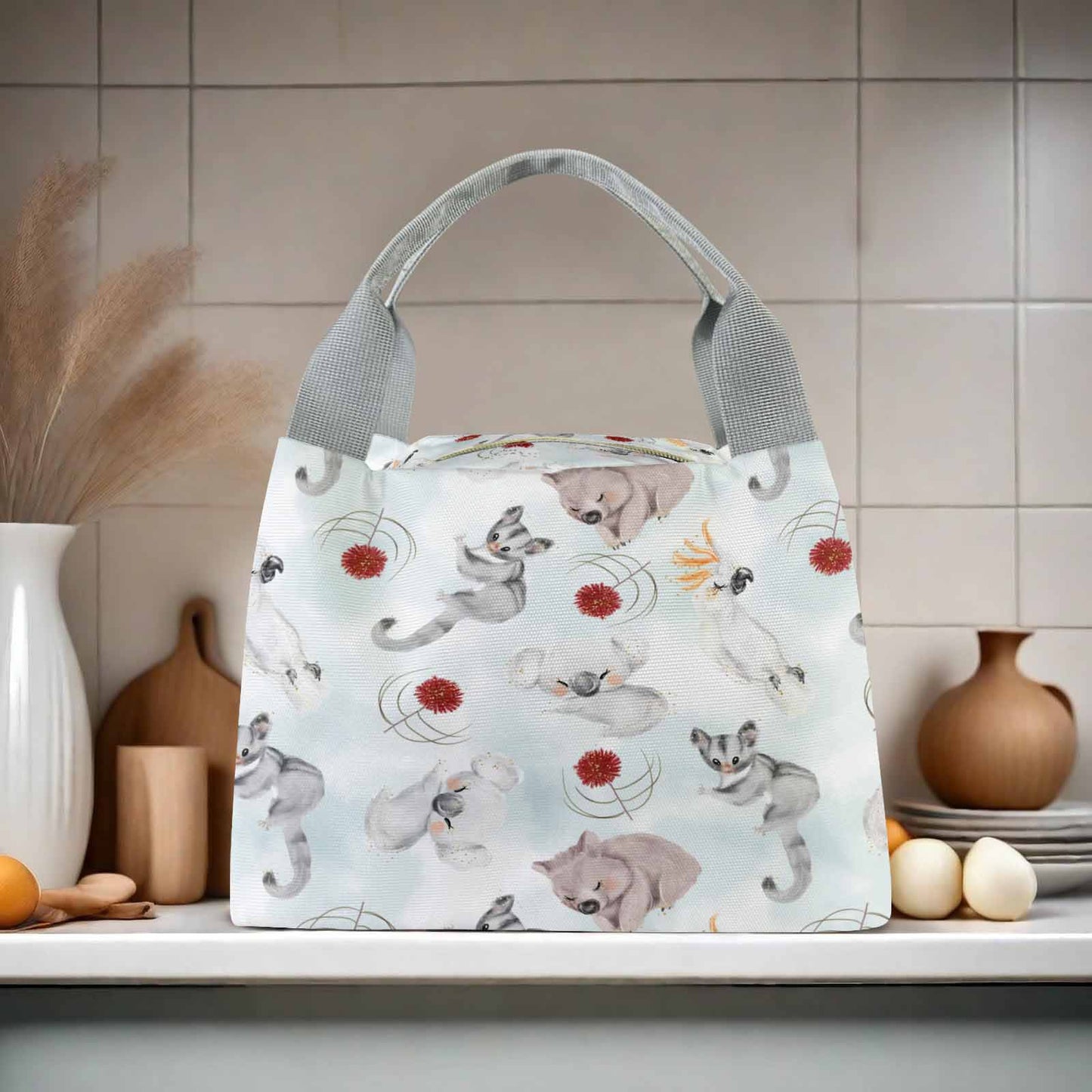 Australian Animals Koala, Sugar Glider, Wombat Portable Lunch Bag-Grey Handle