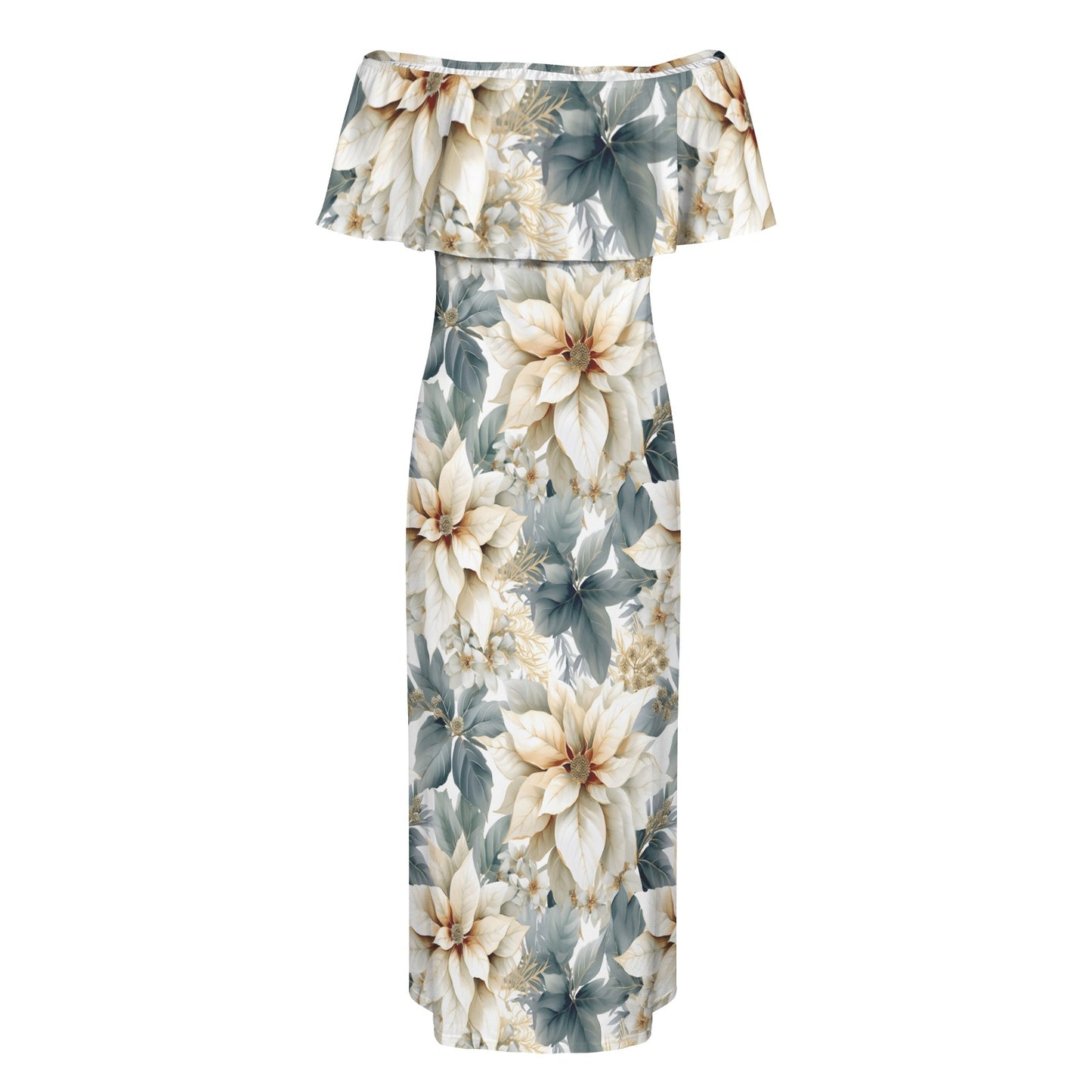 Cream Poinsettia Women's Off Shoulder Ruffle Boat Neck Dress (Model D71)