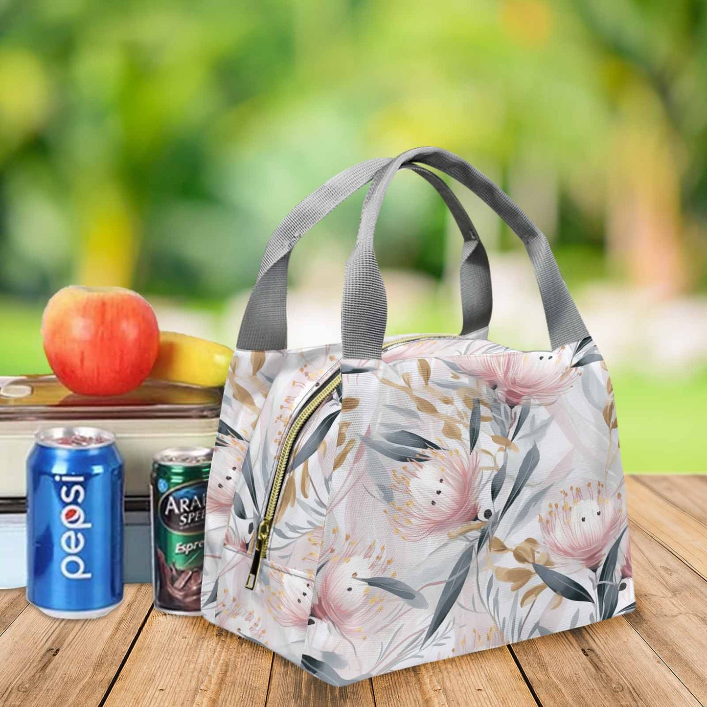 Australian Floral Pink & Grey Portable Lunch Bag-Grey Handle