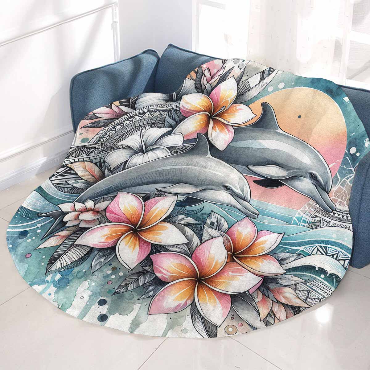 Sea_Animals_Dolphin_Awd351114 Circular Micro Fleece Blanket 47"