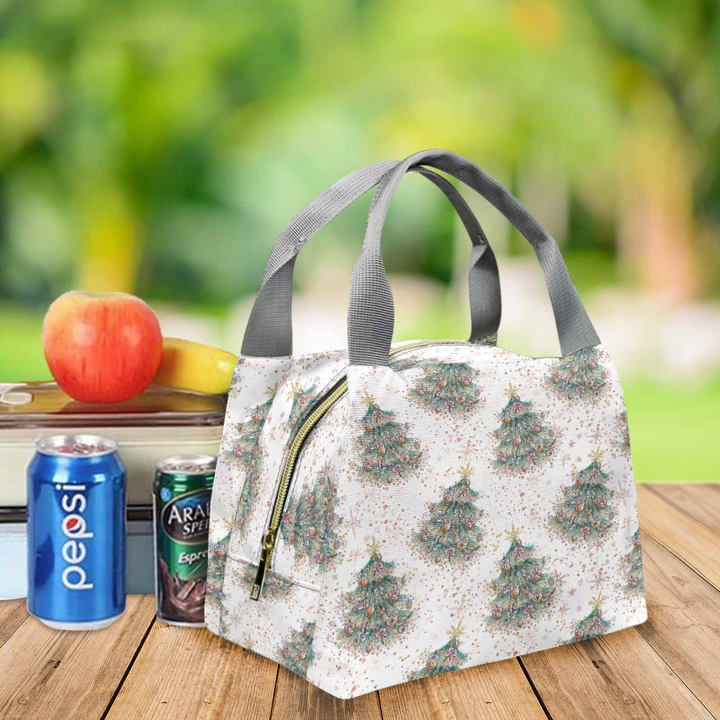 White Christmas Tree Portable Lunch Bag-Grey Handle