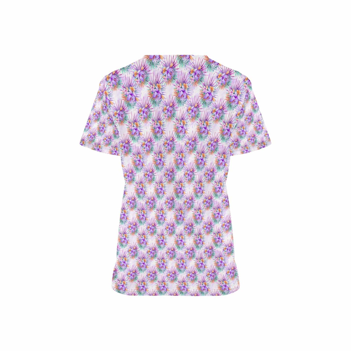 Purple Hibiscus Women's V Neck Scrub Top Nurse Uniform with Deep Front Pockets