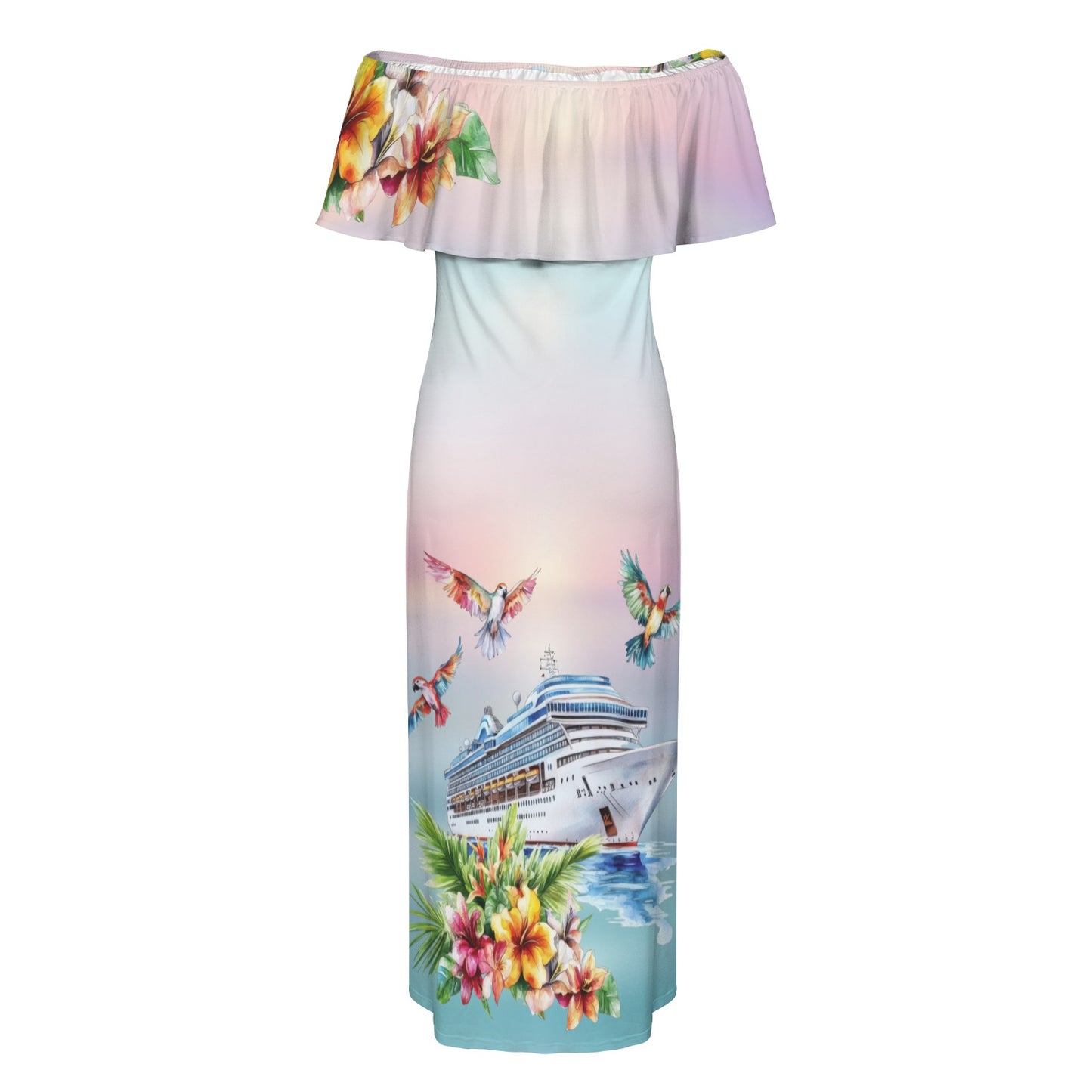 Cruisin Women's Off Shoulder Ruffle Boat Neck Dress (Model D71)