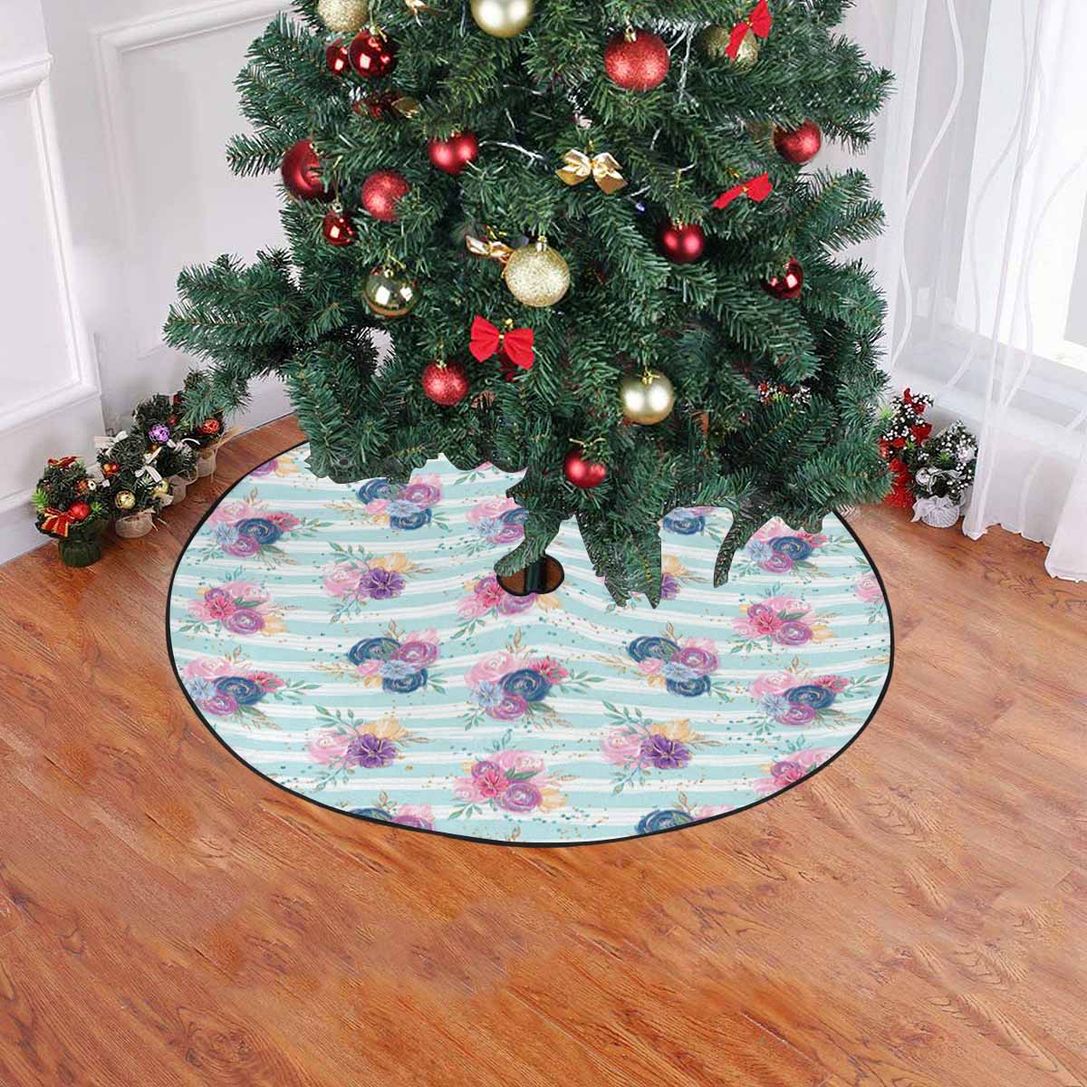 Purple and Pink floral Blue Stripes Christmas Tree Skirt