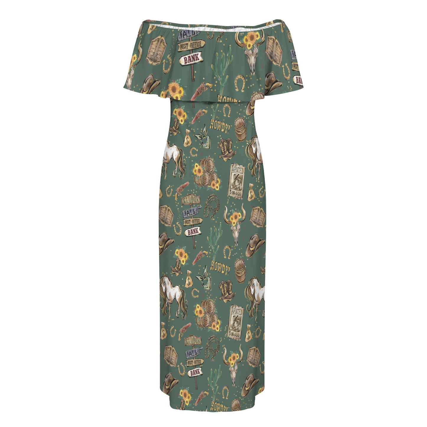 Howdy Cowboy Green Women's Off Shoulder Ruffle Boat Neck Dress (Model D71)