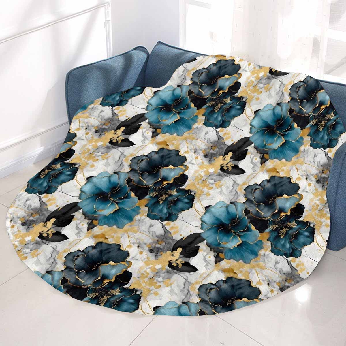 Blue & Gold Ink Floral Circular Micro Fleece Blanket 47"