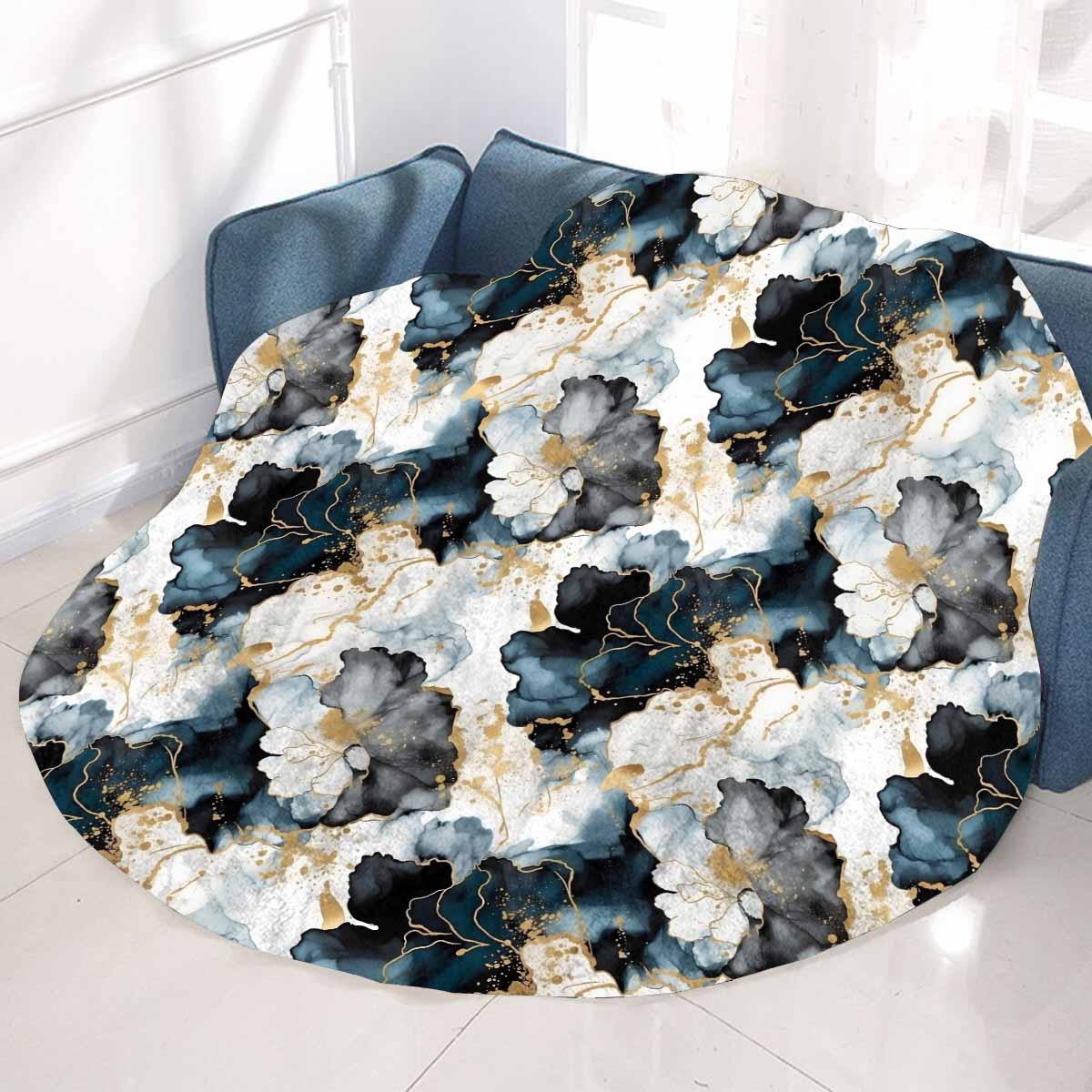 Black Ink Floral Circular Micro Fleece Blanket 60"