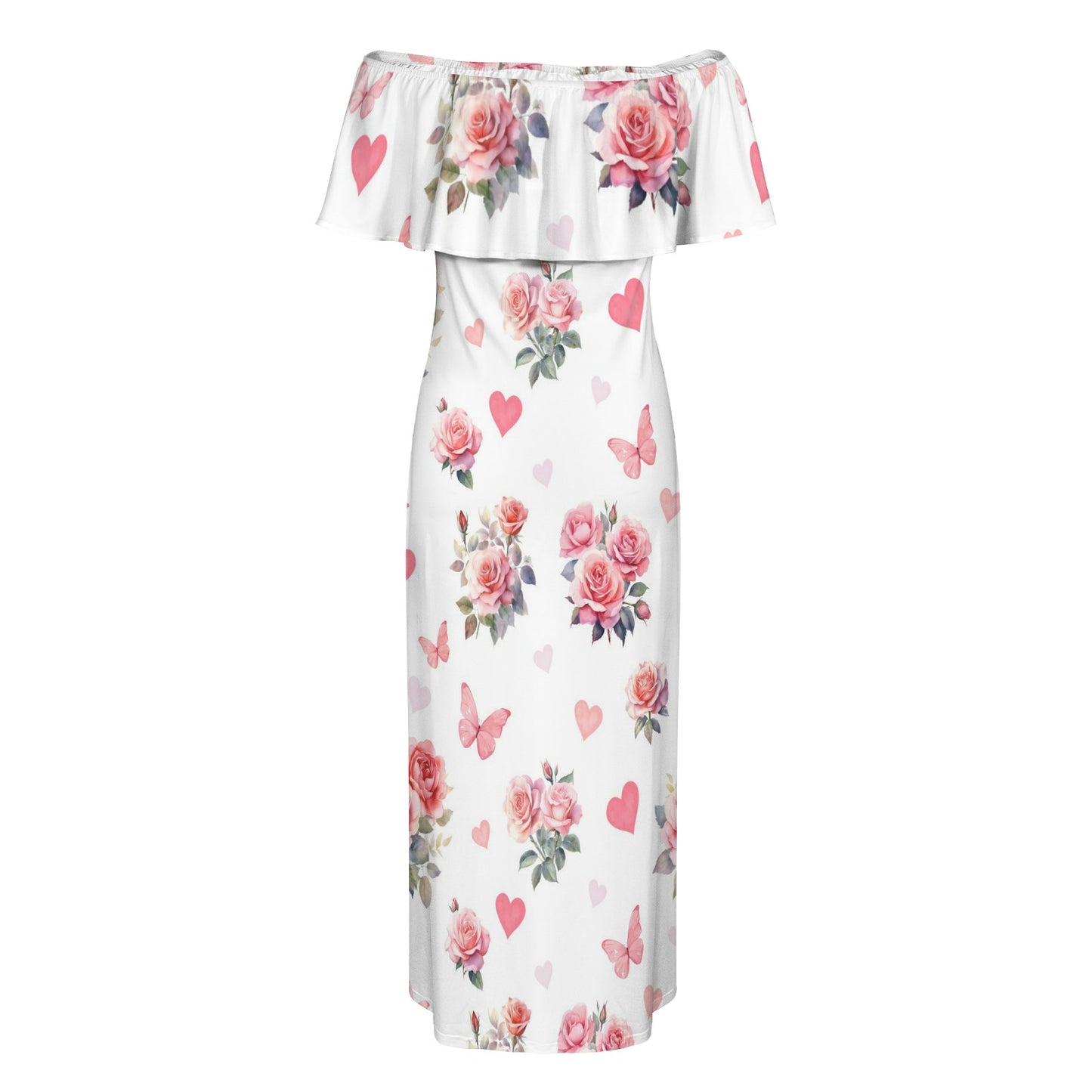 roses Women's Off Shoulder Ruffle Boat Neck Dress (Model D71)