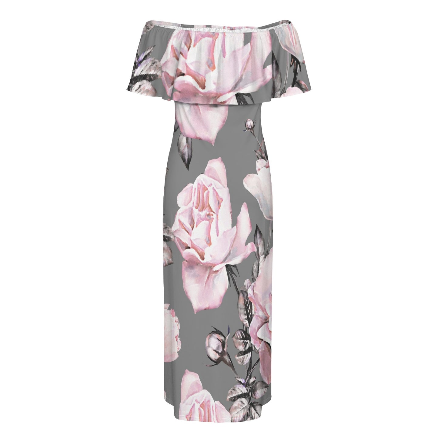 Pink Floral Sakura Women's Off Shoulder Ruffle Boat Neck Dress (Model D71)