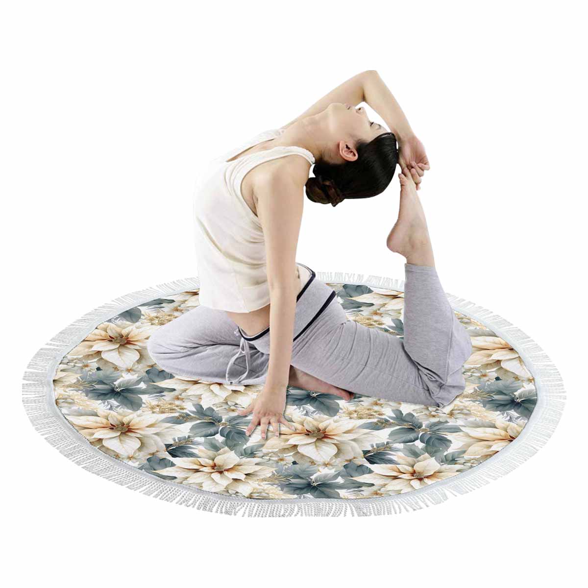 Cream Poinsettia Circular Beach Towel Shawl 59"