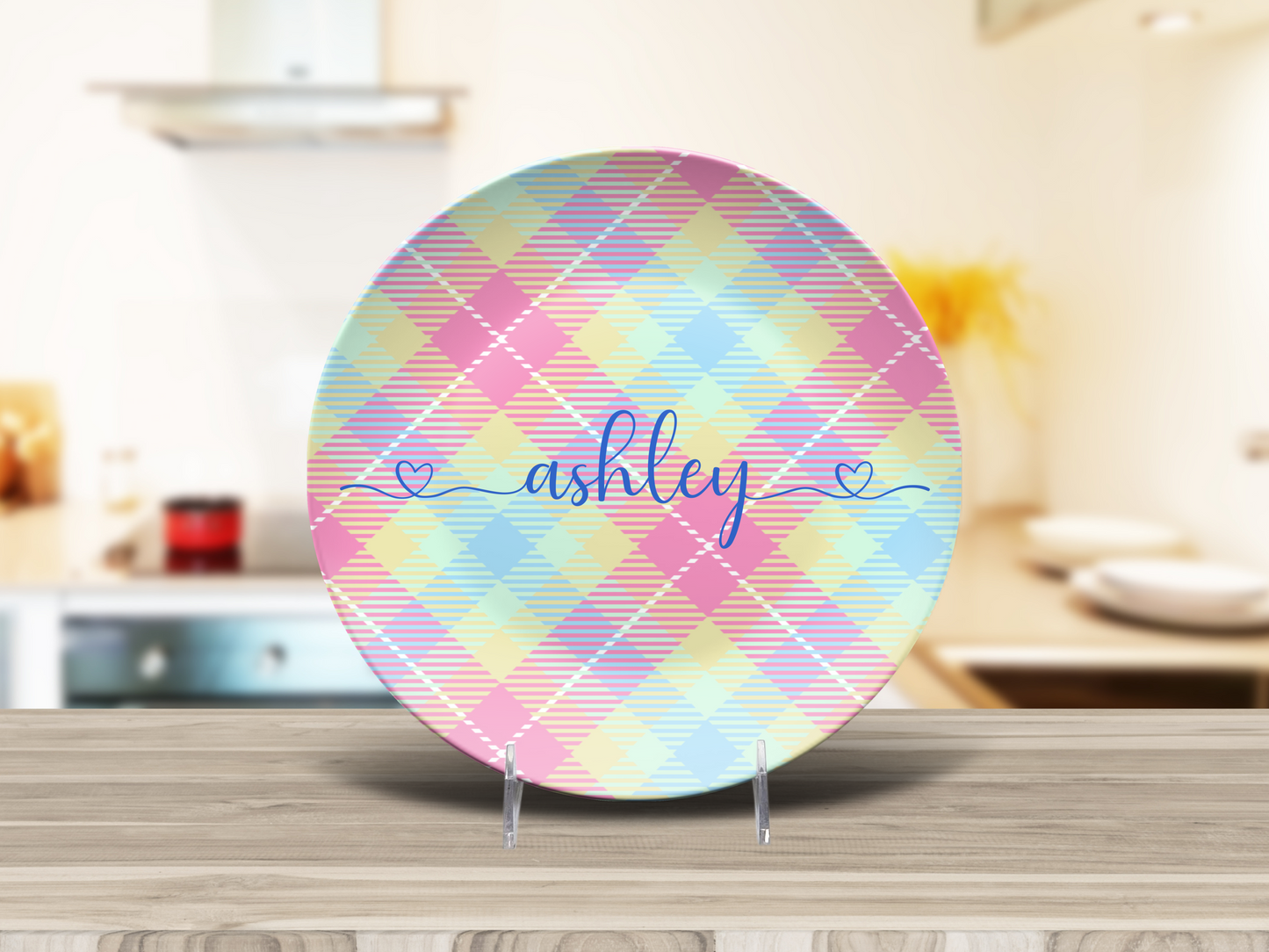Pastel Plaid Pink Blue and Lemon Personalised Plate