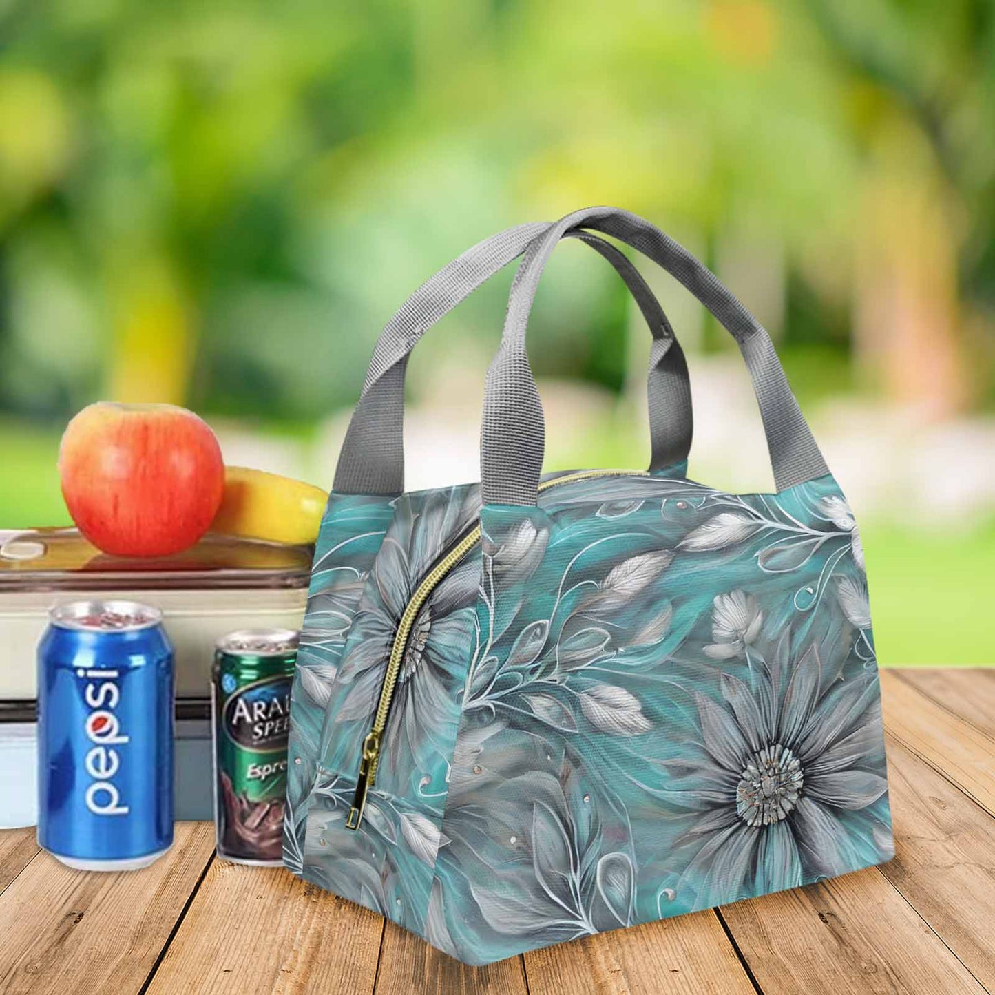 Green Elegant Floral 50 Portable Lunch Bag-Grey Handle