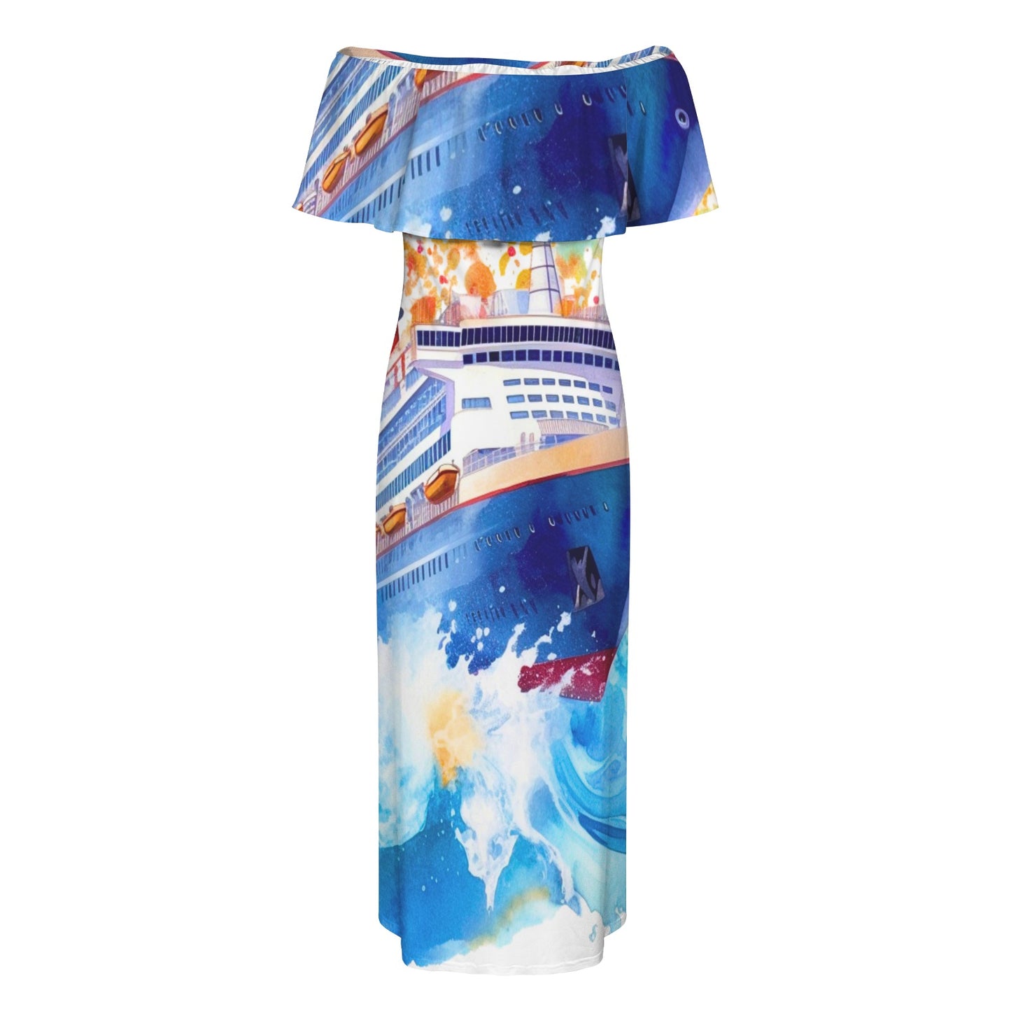 Just Cruisin 3 Women's Off Shoulder Ruffle Boat Neck Dress (Model D71)
