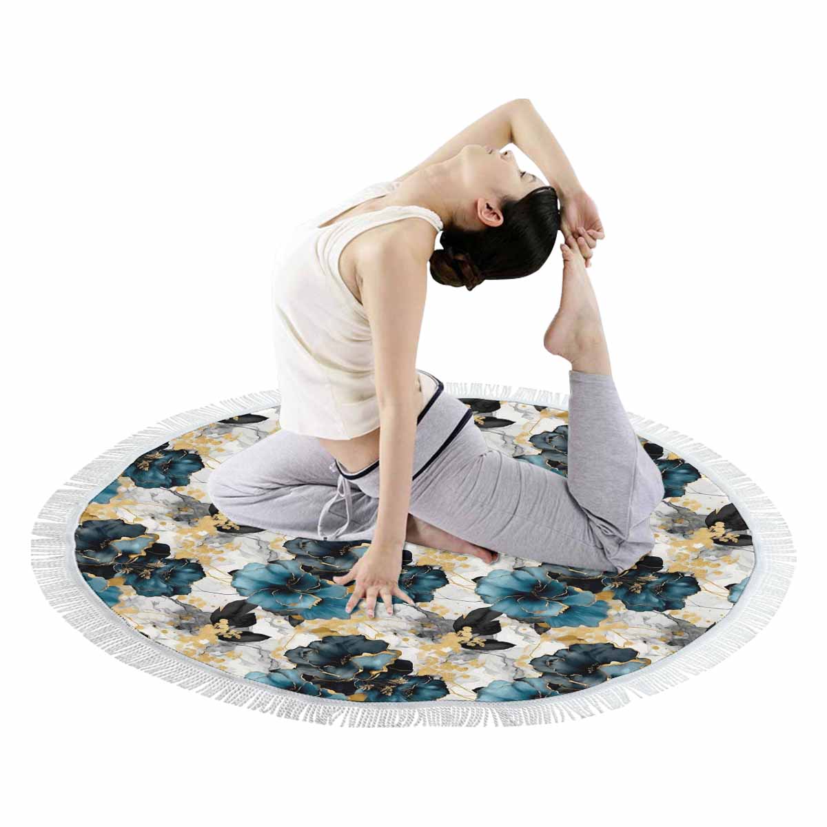 Blue & Gold Ink Floral Circular Beach Towel Shawl 59"