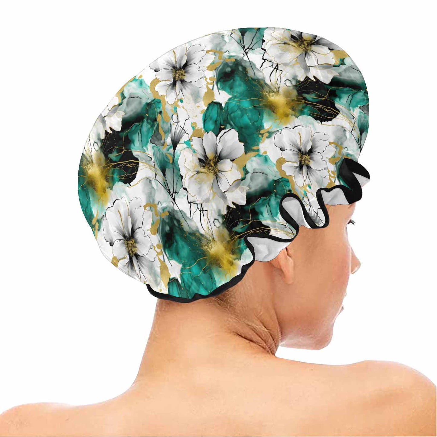 Green and White Ink Floral Shower Cap