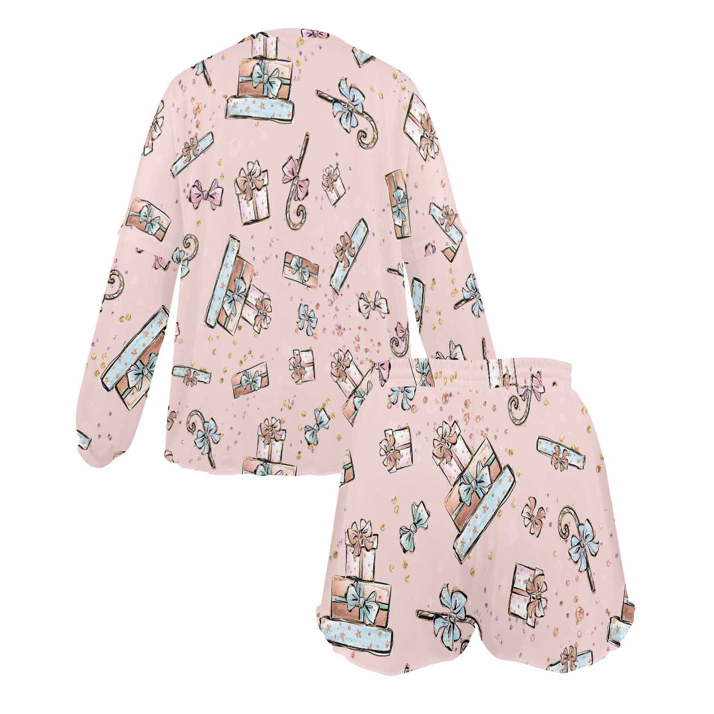 Pink Christmas Women's Long Sleeve Pajama Set with Shorts