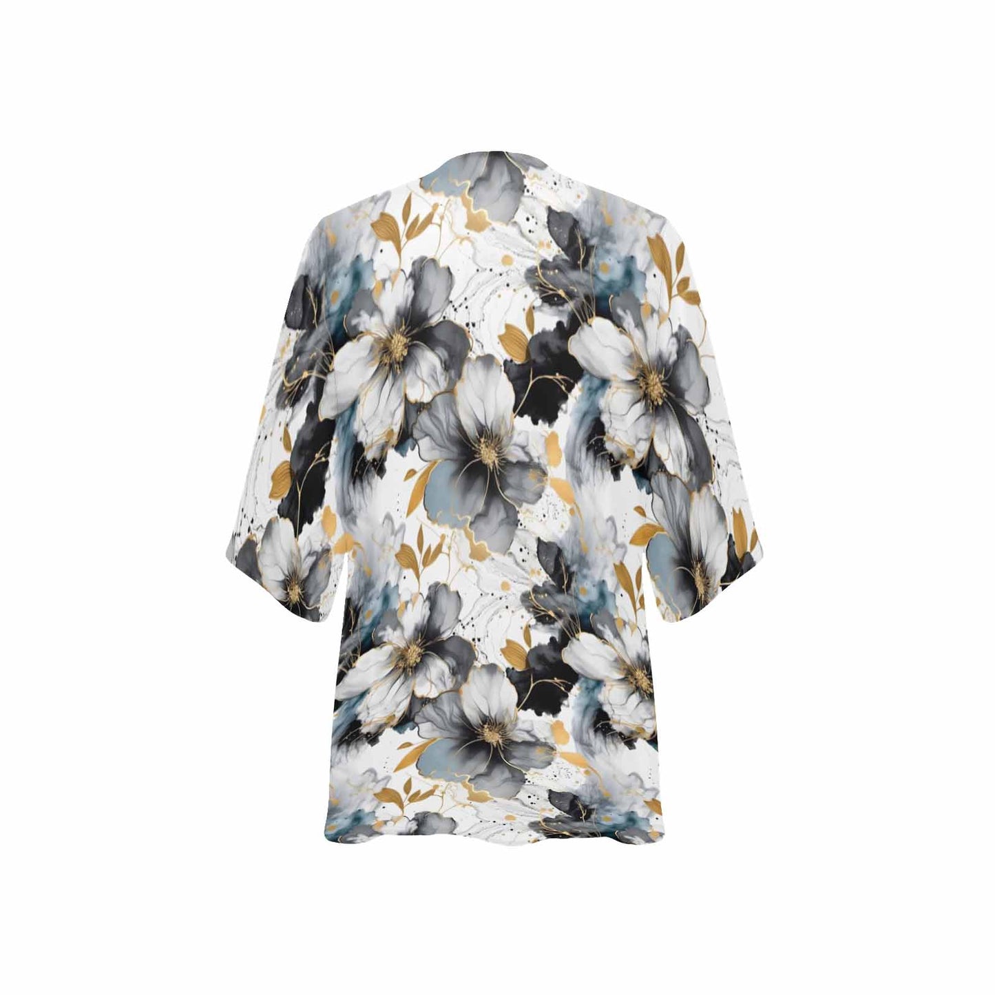 Black White and Gold Women's Kimono Chiffon Cover Up