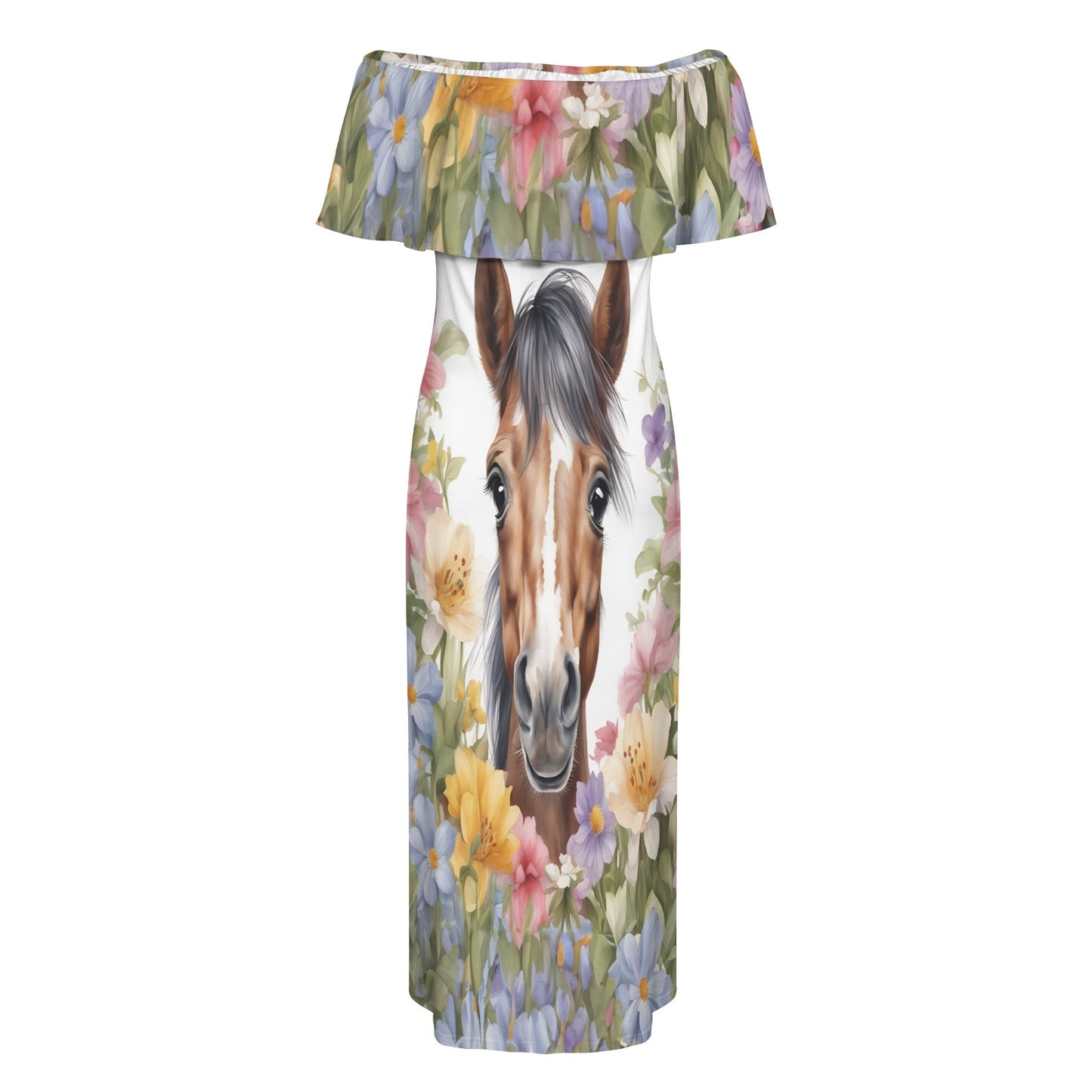 Horse awd305 Women's Off Shoulder Ruffle Boat Neck Dress (Model D71)