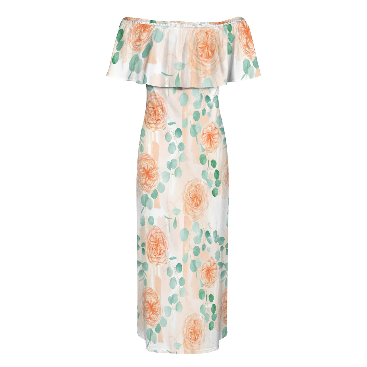 Roses and Eucalyptus Women's Off Shoulder Ruffle Boat Neck Dress (Model D71)