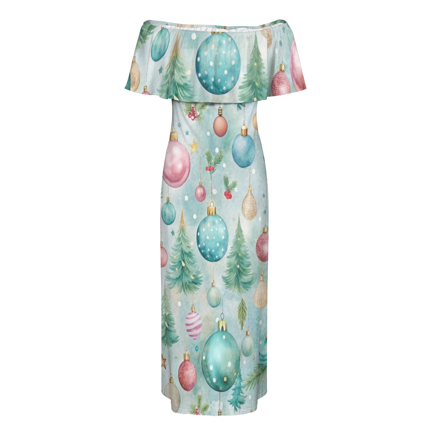 Mint Christmas Women's Off Shoulder Ruffle Boat Neck Dress (Model D71)
