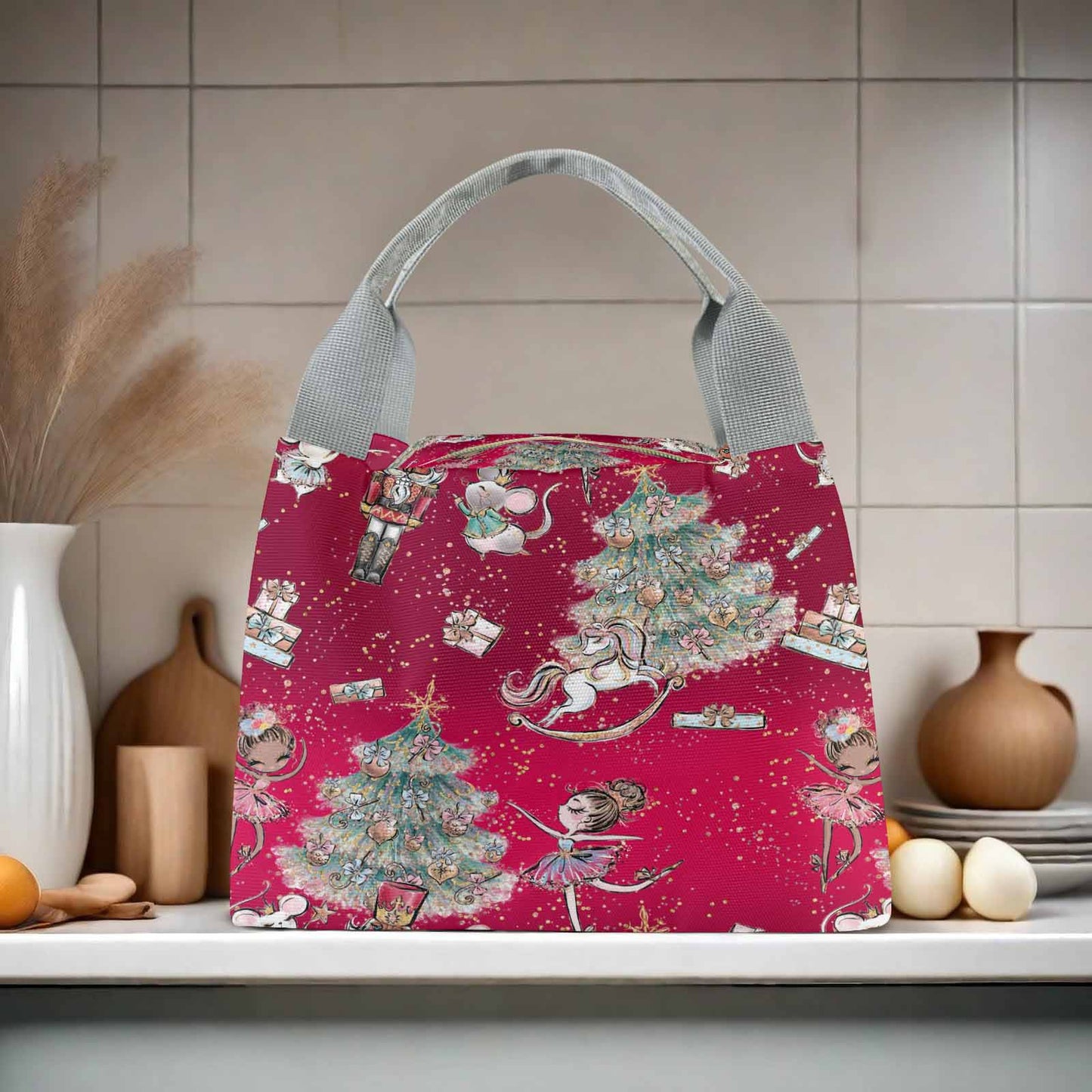 Red Christmas Portable Lunch Bag-Grey Handle