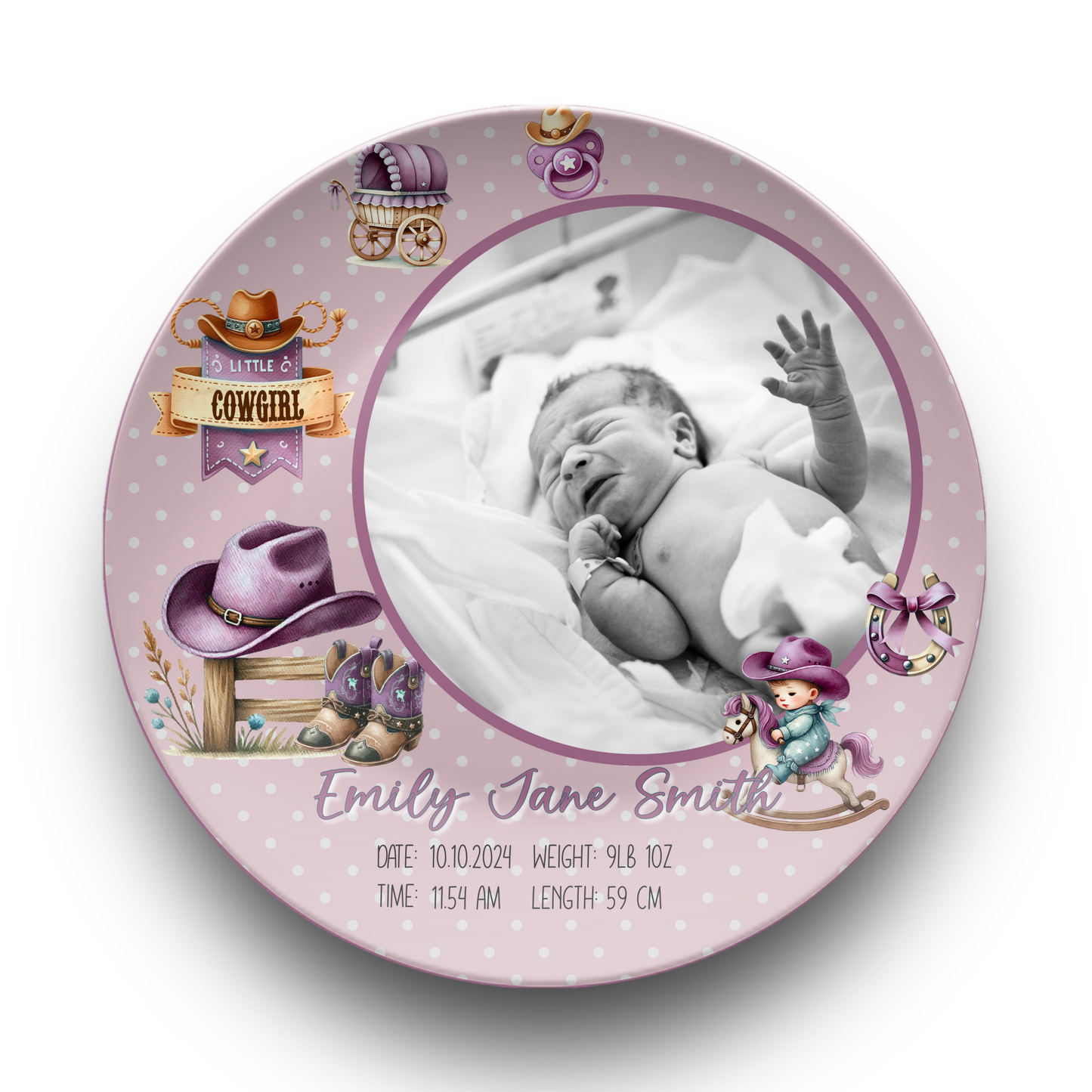 Personalized Baby Birth Plate, Cowboy Western Style, Custom Keepsake, Unbreakable Baby Gift, Nursery Decor, Baby Shower Gift, Durable Plate