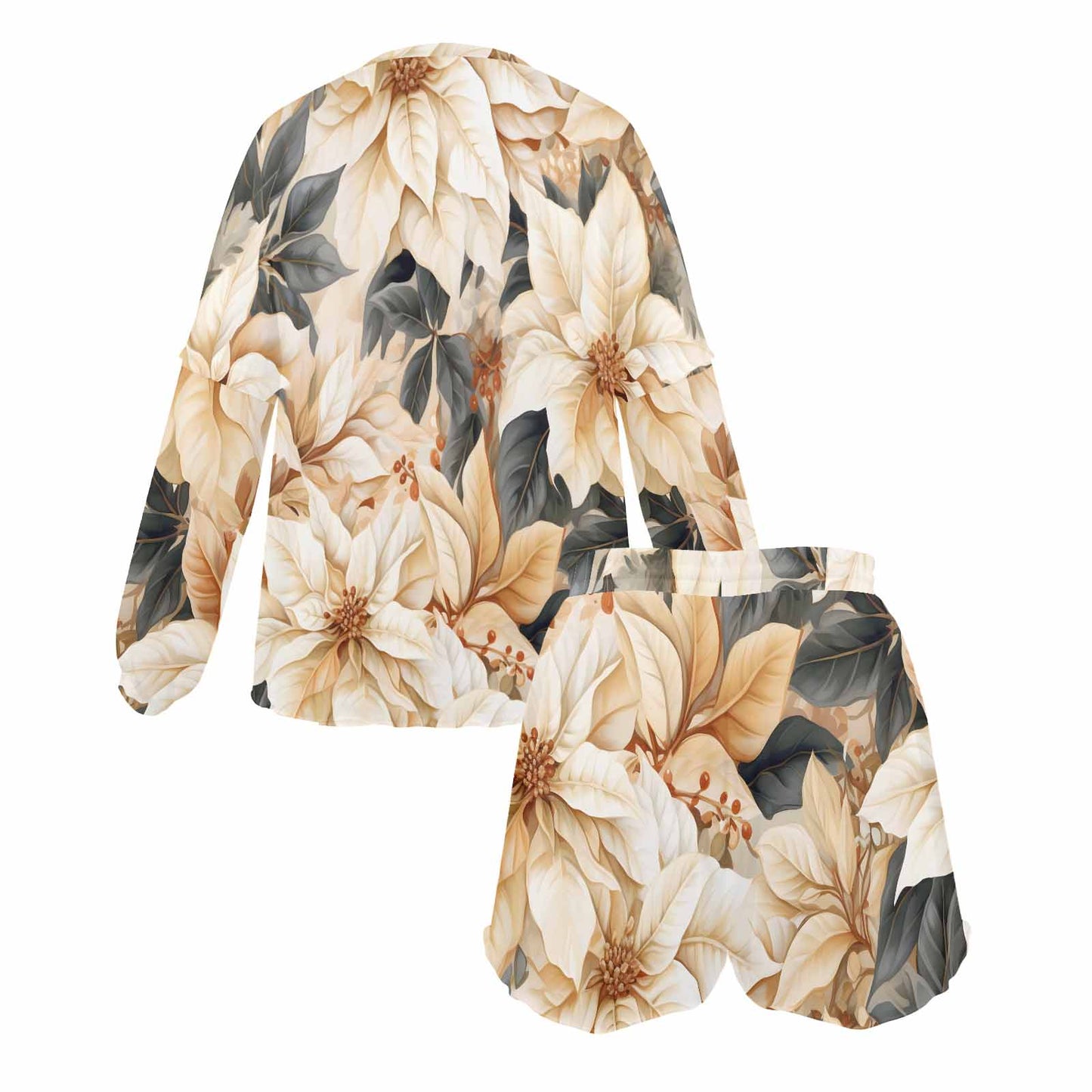 Cream Poinsettia2 Women's Long Sleeve Pajama Set with Shorts