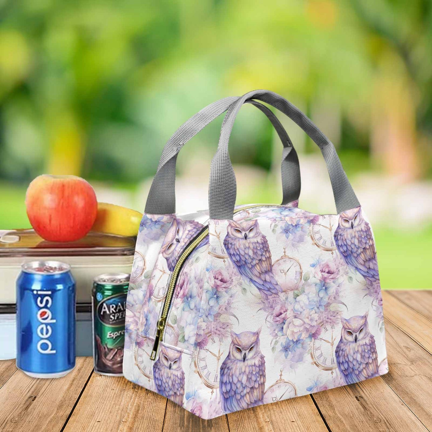 Pastel Owls Portable Lunch Bag-Grey Handle