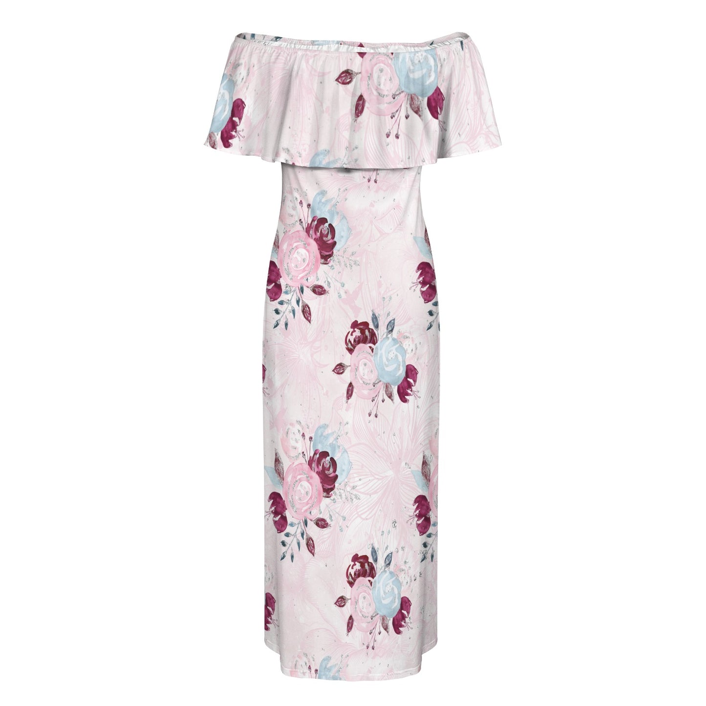 Roses Women's Off Shoulder Ruffle Boat Neck Dress (Model D71)