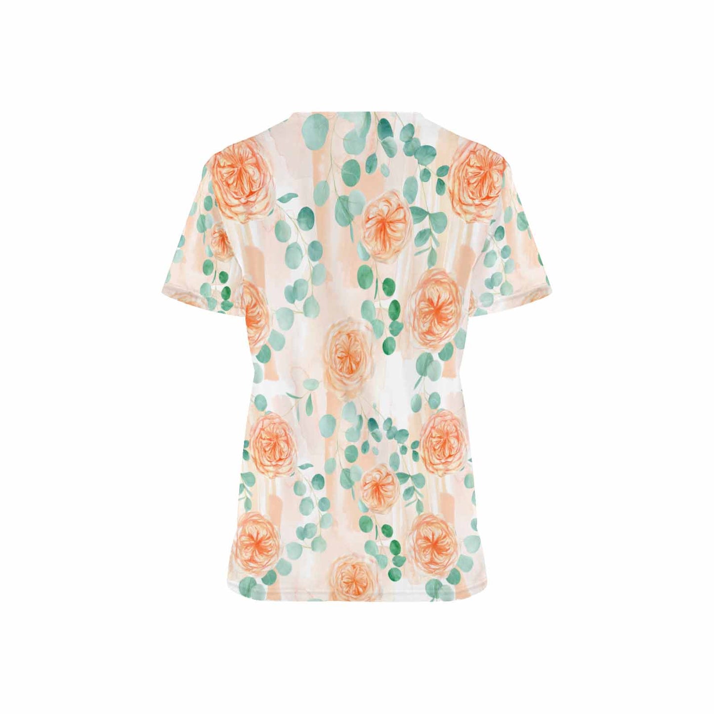 Roses and Eucalyptus Women's V Neck Scrub Top Nurse Uniform with Deep Front Pockets